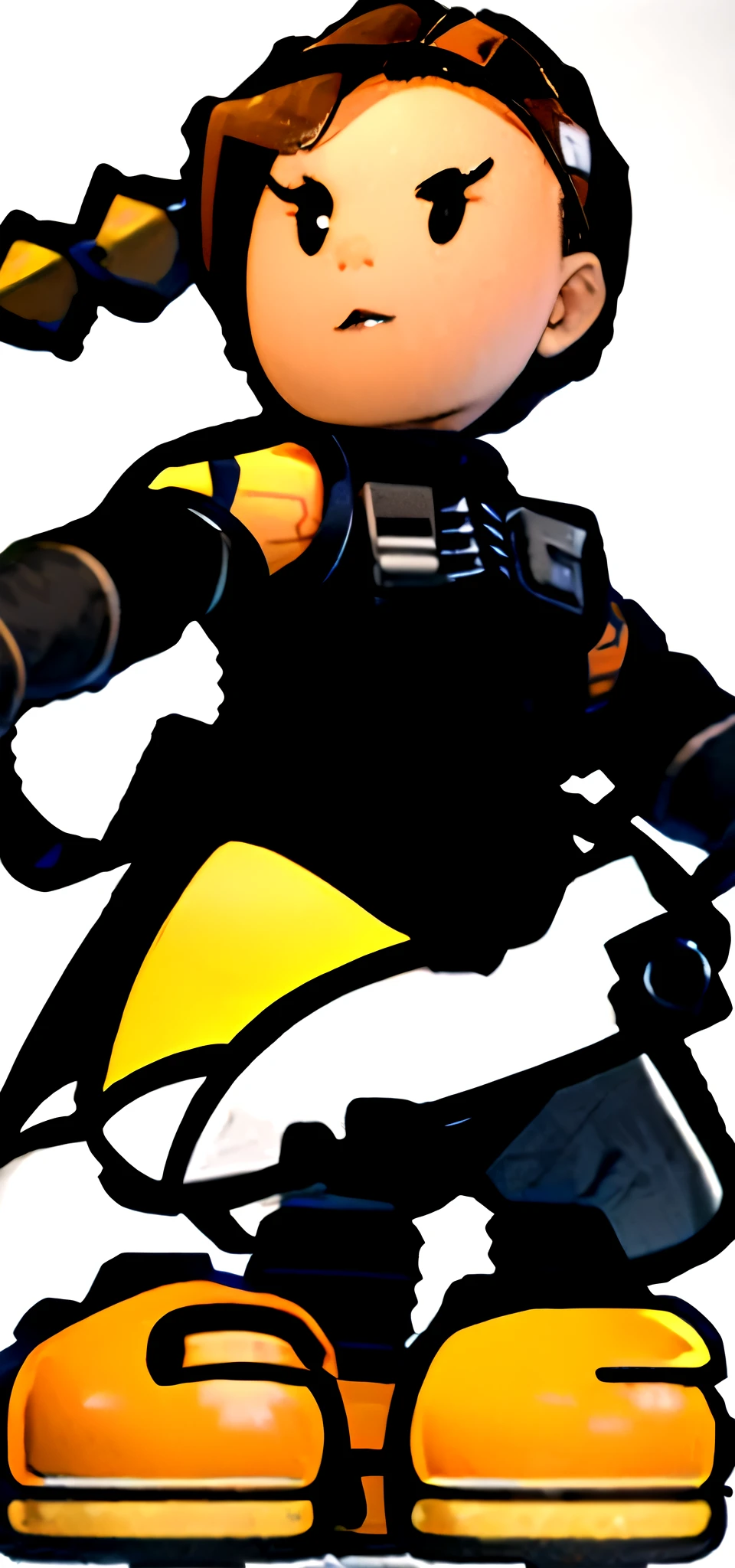(8k, RAW photo, best quality, masterpiece:1.2),ultra-detailed, (high detailed skin:1.2), 8k uhd, dslr, soft lighting, high quality, 1girl, brown eyes, fennec shand, hair_ornament, single braid, solo, scar on face, uniform, boots, gloves, sitting, looking at viewer simple background, full body,
black eyes, solid oval eyes, outline