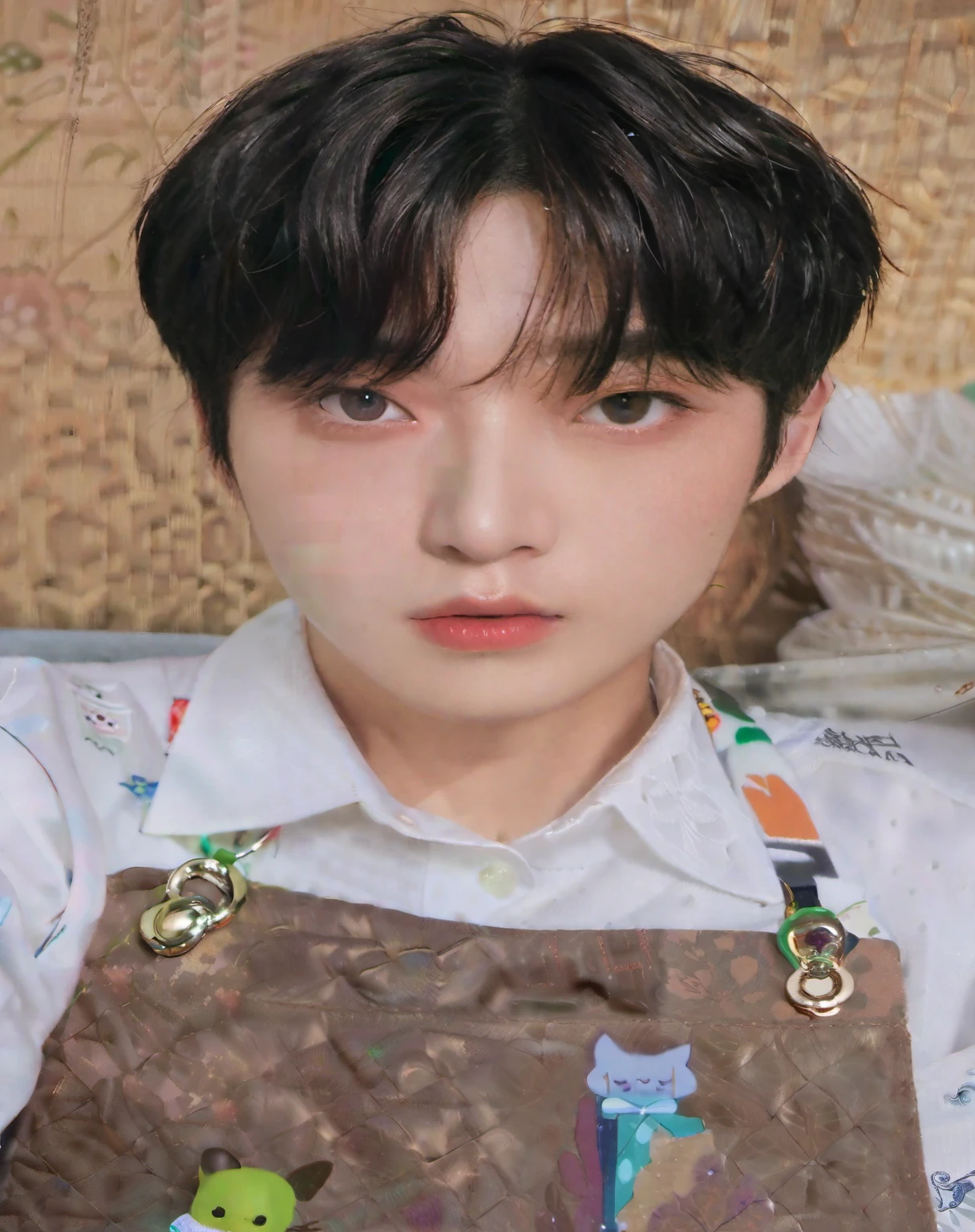 there is a young man with a brown apron and a green toy, Kim Doyoung, male Ulzzang, Jinyoung Shin, Jung Jaehyun, cai xukun, adorable and pale korean face, taejune kim, profile picture with headshot, hyung tae, Sakimichan, Jungkook, Ulzzang, inspirado em Kun Can, Shin Jeongho, Hong junho hyung