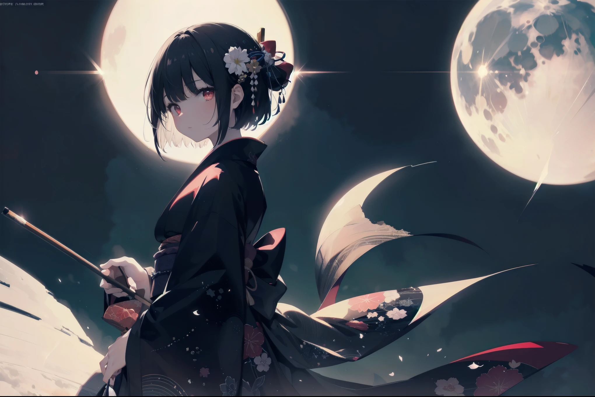 Dynamic angle, Perspective, (Backlight, Dark:1.5), Illustration, Top quality, Masterpiece, High resolution, Very delicate and beautiful, Very detailed wallpaper, Original, 1girl, ta, White skin, Short hair, Dark hair, Dull fringe, Fine eyes, Red eyes, (Black kimono:1.2), Japanese, Moon beauty, Cute
