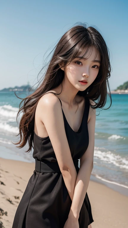 a close up of a woman standing on a beach near the ocean, beautiful south korean woman, gorgeous young korean woman, beautiful young korean woman, korean girl, asian girl with long hair, beautiful asian girl, korean woman, korean women's fashion model, gorgeous chinese model, with long hair, beautiful girl model, beautiful asian woman, waist long hair, black top