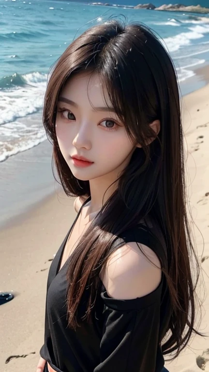 a close up of a woman standing on a beach near the ocean, beautiful south korean woman, gorgeous young korean woman, beautiful young korean woman, korean girl, asian girl with long hair, beautiful asian girl, korean woman, korean women's fashion model, gorgeous chinese model, with long hair, beautiful girl model, beautiful asian woman, waist long hair, black top