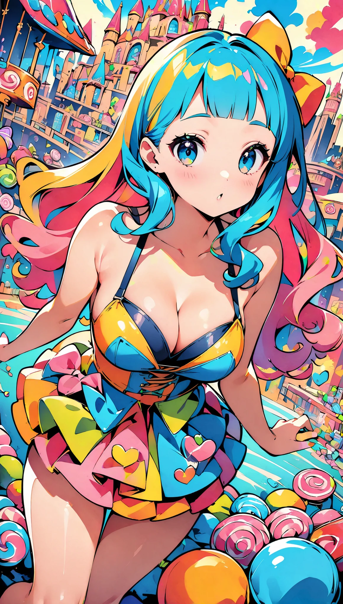 (high quality, 8k, 4k, high contrast, masterpiece:1.2, best quality, best aesthetics), (dynamic angle), Super detailed, fantasy:1.2, (Candy Land), beautiful appearance, pop art, Candy Castle, candy, colorful, big, Comic style, bright colors, pastel colour, playful expression, City of sweets, pinup style, bubblegum pink, ((It&#39;s filled with lots of candy)), pop art スタイル, Whimsical, interesting, Bright style,