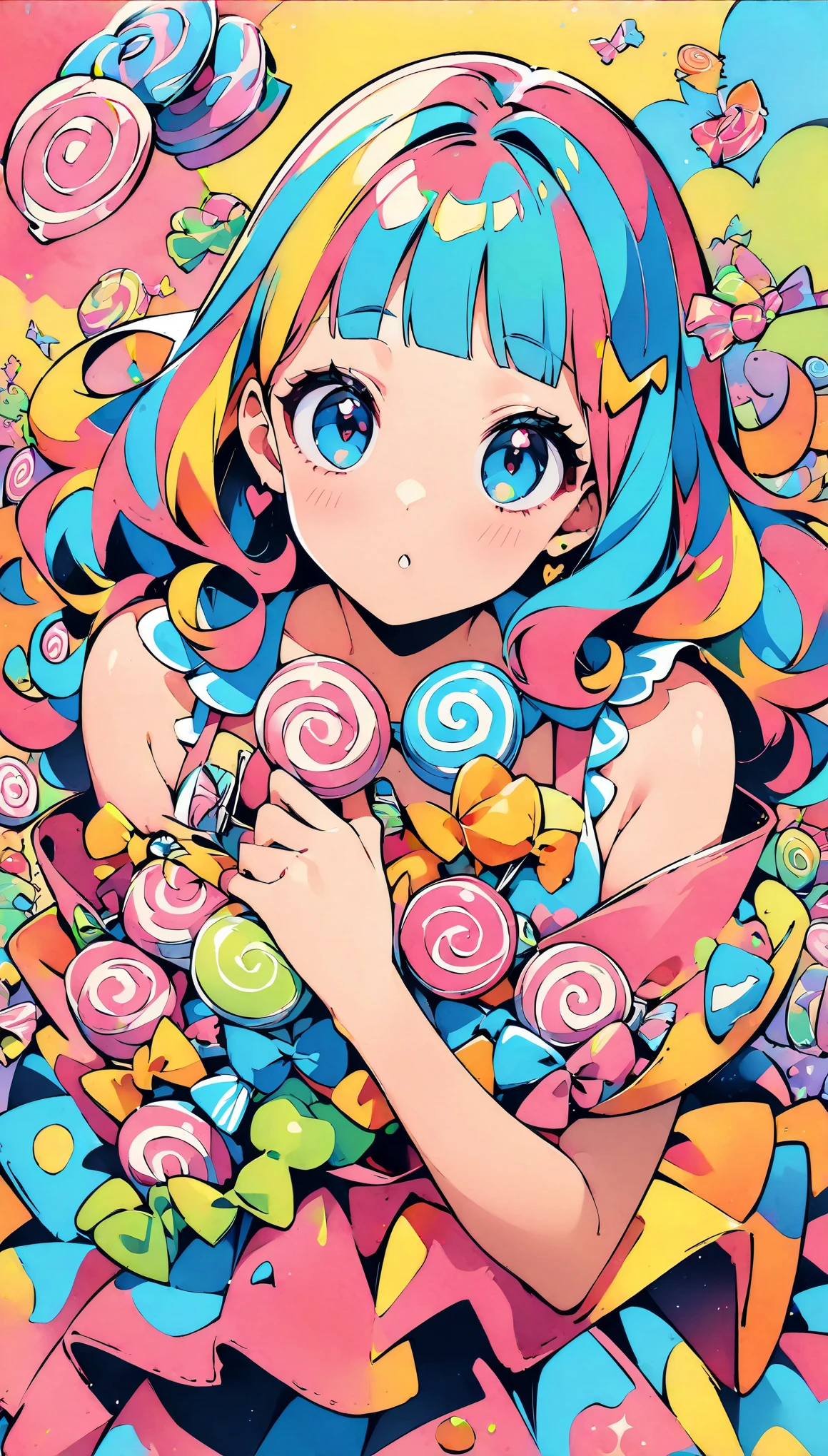 (high quality, 8k, 4k, high contrast, masterpiece:1.2, best quality, best aesthetics), (dynamic angle), Super detailed, fantasy:1.2, (Candy Land), beautiful appearance, pop art, Candy Castle, candy, colorful, big, Comic style, bright colors, pastel colour, playful expression, City of sweets, pinup style, bubblegum pink, ((It's filled with lots of candy)), pop art スタイル, Whimsical, interesting, Bright style,