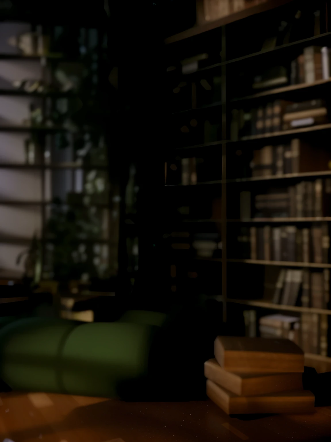 There is a cat sitting on a chair in the room, alchemist library background, library background, tilt shift library background, blurry background of the library, library interior background, gloomy library, dusty library, personal room background, magical library bokeh, in a gloomy library, some background blur, Realistic cinematic rendering, dark library, Detailed architectural visualization renderings, background = library