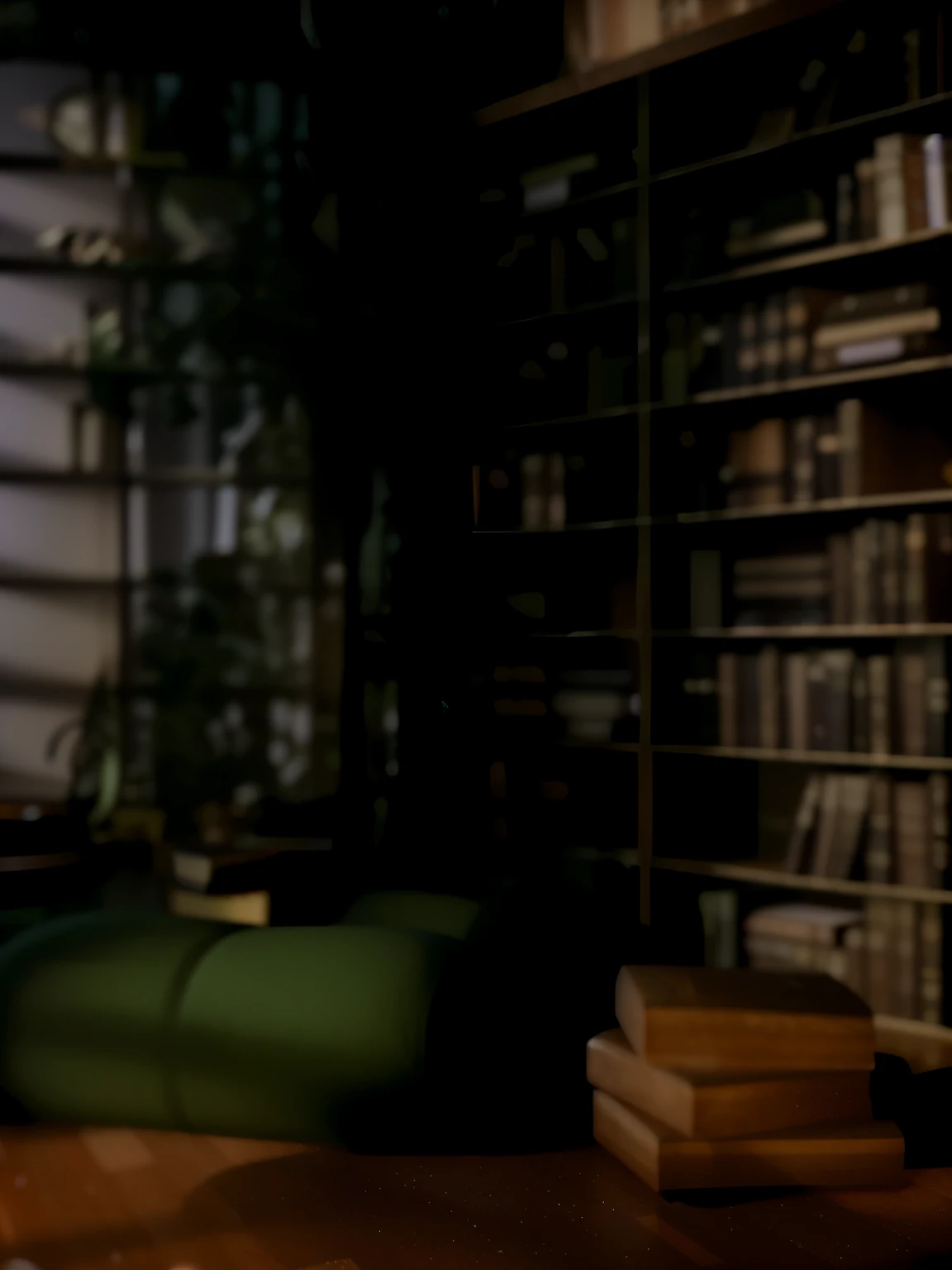 There is a cat sitting on a chair in the room, alchemist library background, library background, tilt shift library background, blurry background of the library, library interior background, gloomy library, dusty library, personal room background, magical library bokeh, in a gloomy library, some background blur, Realistic cinematic rendering, dark library, Detailed architectural visualization renderings, background = library
