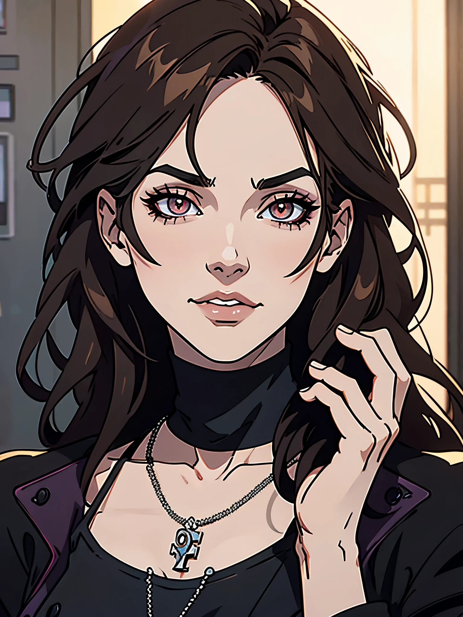 (best quality,4k,8k,highres,masterpiece:1.2),ultra-detailed,(realistic,photorealistic,photo-realistic:1.37),HDR,UHD,studio lighting,ultra-fine painting,sharp focus,physically-based rendering,extreme detail description,professional,vivid colors,bokeh,girl,beautiful detailed eyes,beautiful detailed lips,extremely detailed eyes and face,longeyelashes,dark eyebrows,long hair,black cargo jacket,light brown hair,portrait,soft color palette,natural lighting, goth necklace, (anime tokyo ghoul eyes), tokyo ghoul