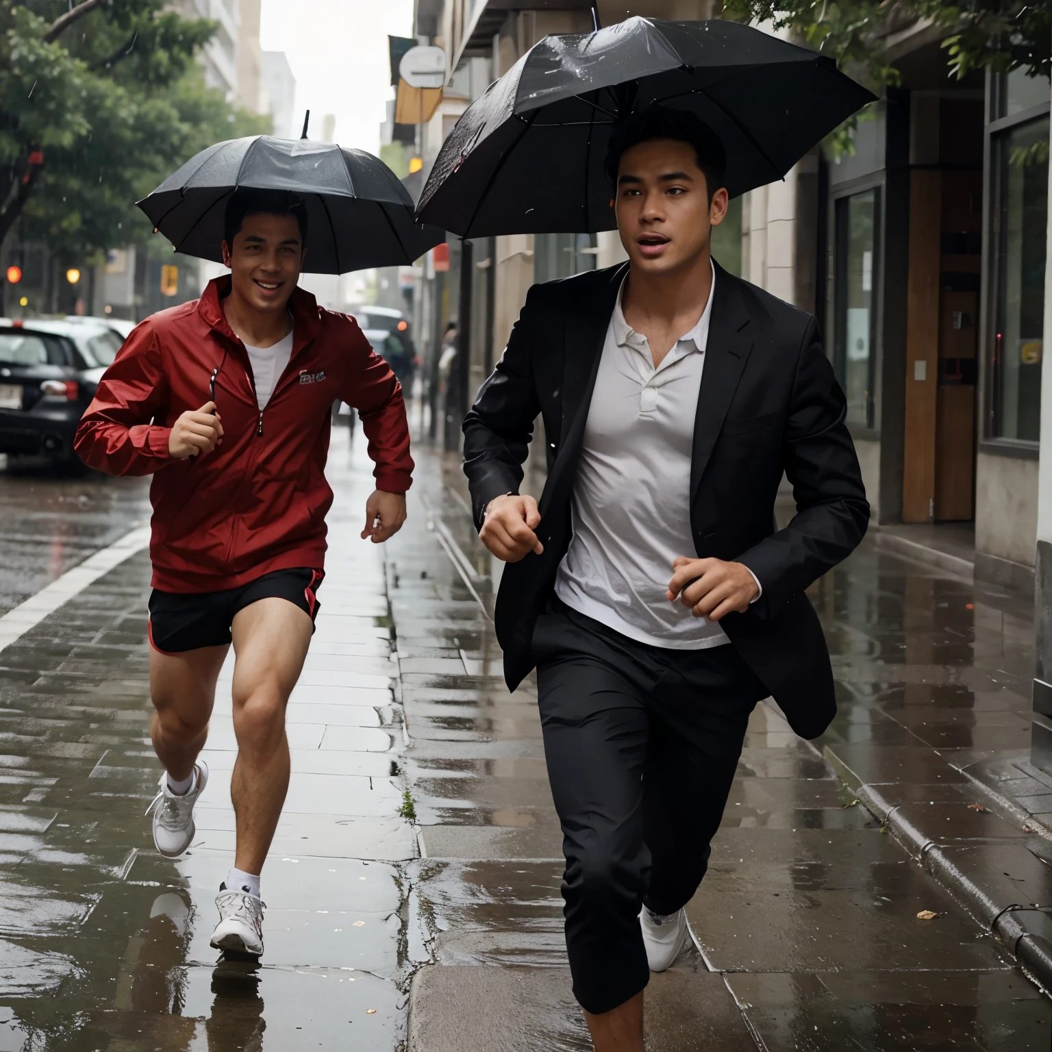 A guy holding an umbrella while the other guy running behind him