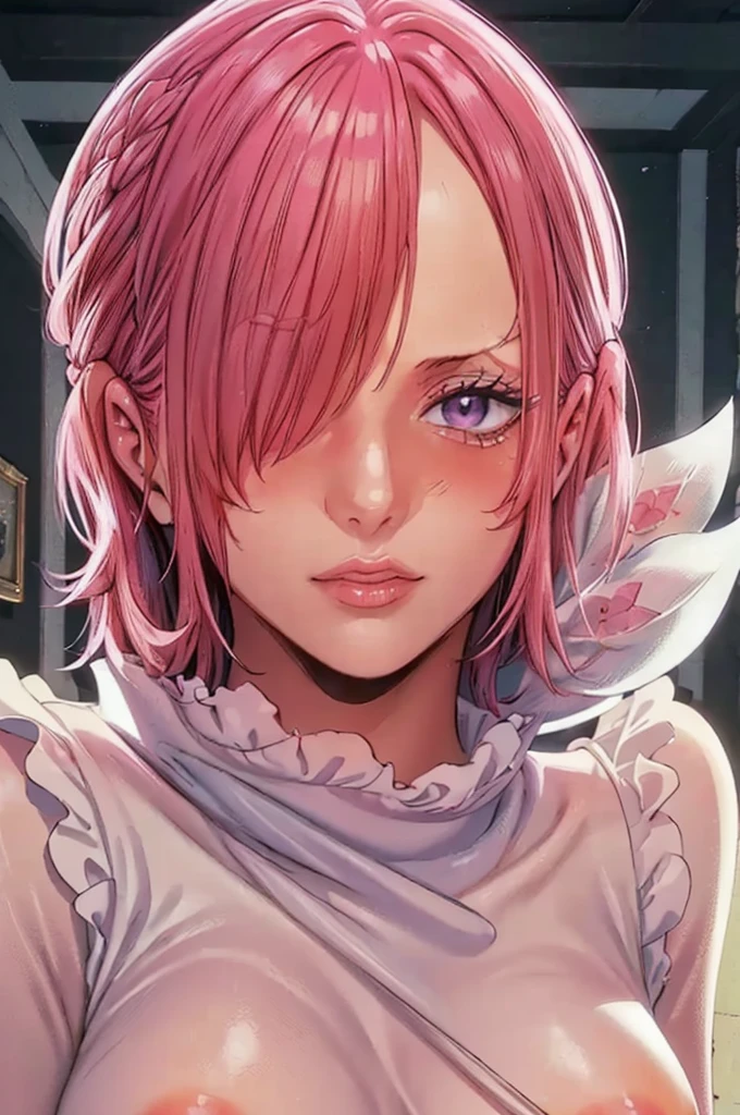 (((masterpiece))), (((best quality))), ((ultra-detailed)), (highly detailed CG illustration), vinsmoke reiju, (nsfw:1.4), (masterpiece:1.5), Detailed Photo, Sexy, (Best Quality: 1.4), (1girl), Beautiful Face, (Pink Hair, short Hair: 1.3), Beautiful Hairstyle, beautiful detail eyes, (realistic skin), beautiful skin, absurd, attractive, ultra high resolution, high definition, (sexually aroused:1.5), Pinkish white skin, cool white light, sexy pose, Beautiful , white background, pink soft white light, Wear a white dress, (Hair covering right eye: 1.5), wife, incoming face, kissing camera