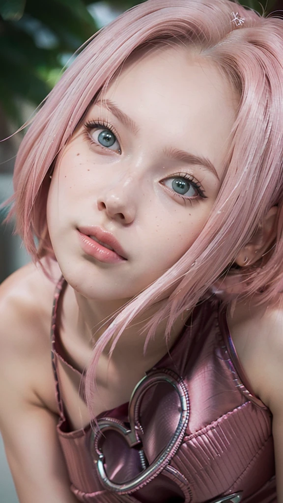 young woman, short shoulder-length pink hair, wide forehead, porcelain skin, pink eyebrows, big emerald green eyes, buttoned nose, full lips, heart-shaped face, slender body, small breasts, red tank top, Sakura Haruno , realistic, realism, details, 3d, well detailed