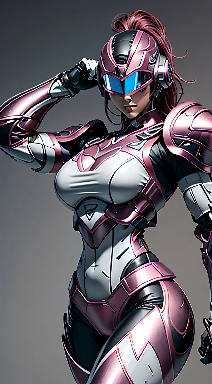 female robocop solo、bright outdoors、strong light source、8K, high quality, masterpiece, 最high quality、very detailed、Armor that completely covers the whole body、very large armor、Helmet covering the head、clear pictures、Eyes hidden by thin straight goggles:1.3、The lower half of the face is raw:1.5、The lower half of the face is exposed、luscious lips、Dark pink and white metallic armor、Armor that completely covers the chest、thin and long legs、Vibrant posel body view,big and full breasts:1.5, (sports body:1.5)、five fingers、photos around town