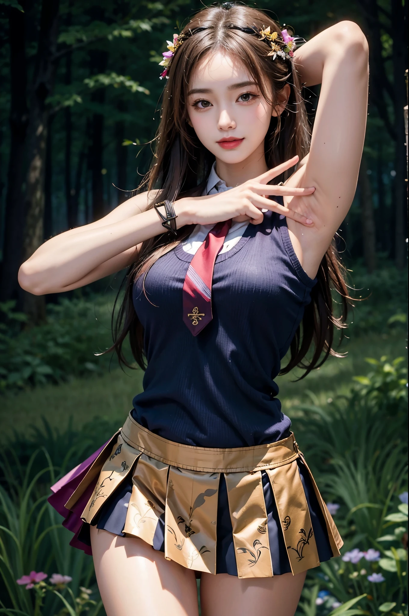 (best quality,4k,8k,highres,masterpiece:1.2),ultra-detailed,(realistic,photorealistic,photo-realistic:1.37),masterpiece, best quality, highres, aakaede, long hair, ahoge, hair ornament, breasts, , necktie, pink sleeveless vest, sweater sleeveless vest, pleated skirt, purple skirt, print skirt, pantyhose, closed mouth, solo, upper body, night sky, forest, arms behind head, contrapposto, spread armpits, smile, high quality, in the center, high quality,