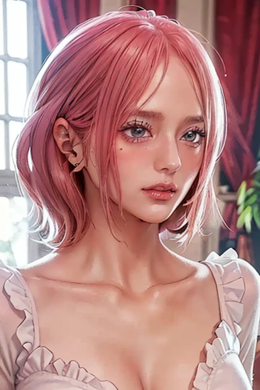 (((masterpiece))), (((best quality))), ((ultra-detailed)), (highly detailed CG illustration), vinsmoke reiju, (nsfw:1.4), (masterpiece:1.5), Detailed Photo, Sexy, (Best Quality: 1.4), (1girl), Beautiful Face, (Pink Hair, short Hair: 1.3), Beautiful Hairstyle, beautiful detail eyes, (realistic skin), beautiful skin, absurd, attractive, ultra high resolution, high definition, (sexually aroused:1.5), Pinkish white skin, cool white light, sexy pose, Beautiful , white background, pink soft white light, Wear a white dress, (Hair covering right eye: 1.5), wife, incoming face, kissing camera