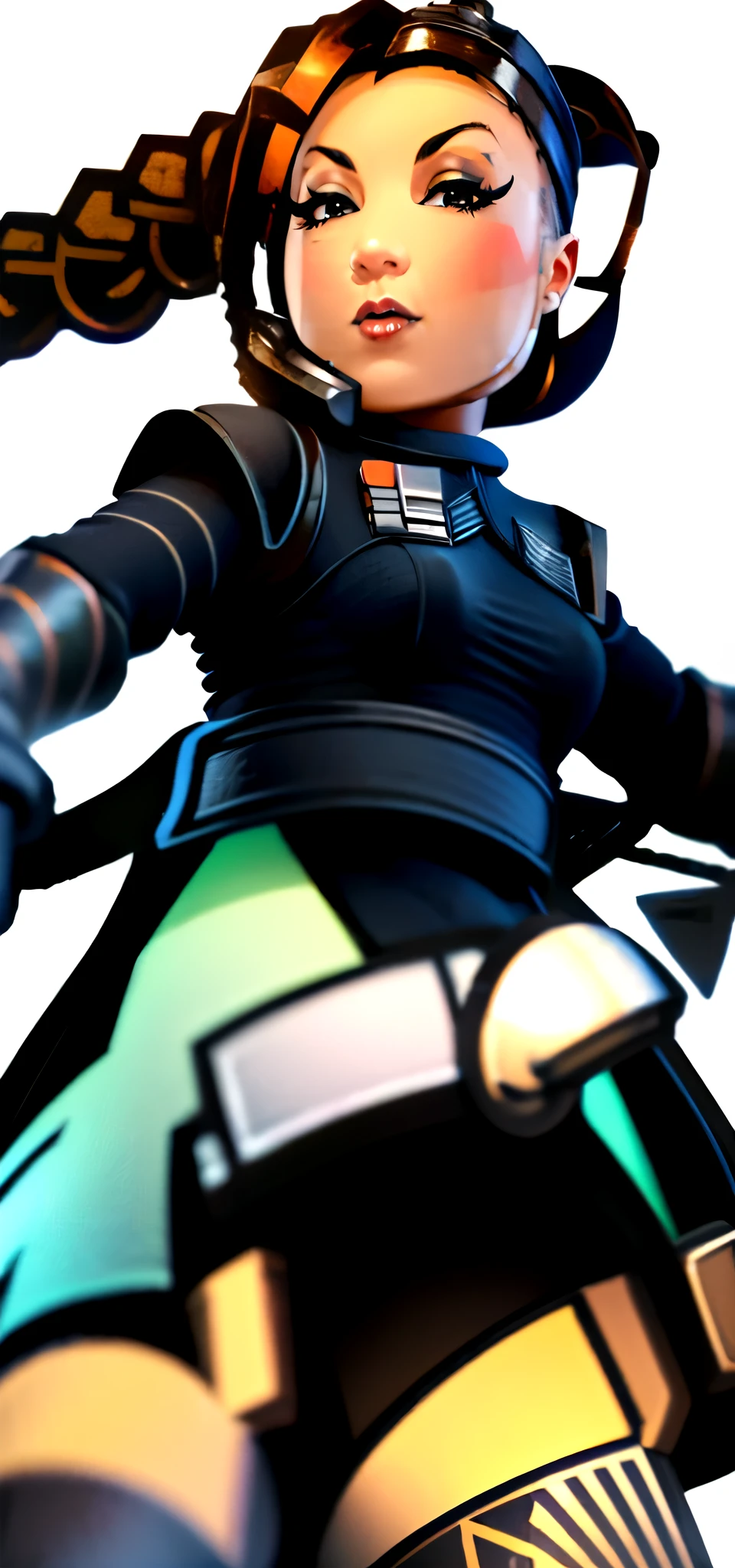 (8k, RAW photo, best quality, masterpiece:1.2),ultra-detailed, (high detailed skin:1.2), 8k uhd, dslr, soft lighting, high quality,  1girl, brown eyes, fennec shand, hair_ornament, single braid, solo, scar on face, uniform, boots, gloves, sitting, looking at viewer simple background, full body, 
black eyes, solid oval eyes, outline