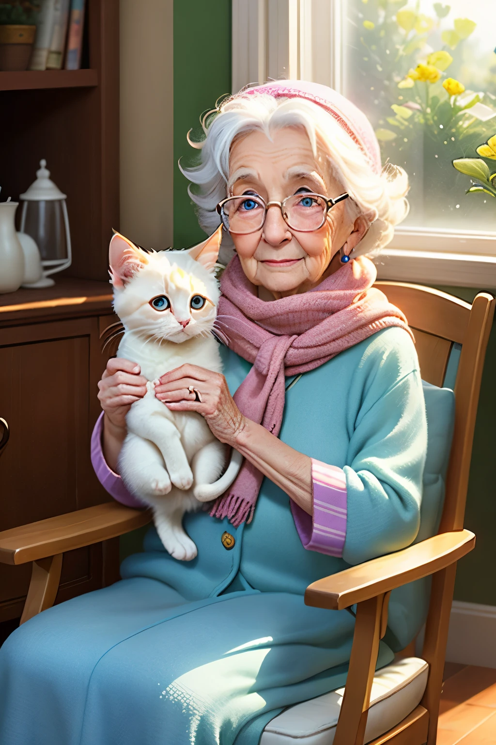 In a charming Pixar style cartoon scene, an old lady granny with wrinkled skin and kind, gentle eyes sits in her cozy armchair, knitting a scarf with a contented expression on her face. Her home is filled with the warm glow of sunlight filtering through the windows, creating a serene and peaceful atmosphere.
Suddenly, there's a soft tap on the window, and the old lady looks up to see a tiny, white, fluffy kitten paw pressed against the glass. The kitten's bright blue eyes sparkle with curiosity, and its small, pink nose presses against the window, leaving a tiny paw print on the cool glass.
