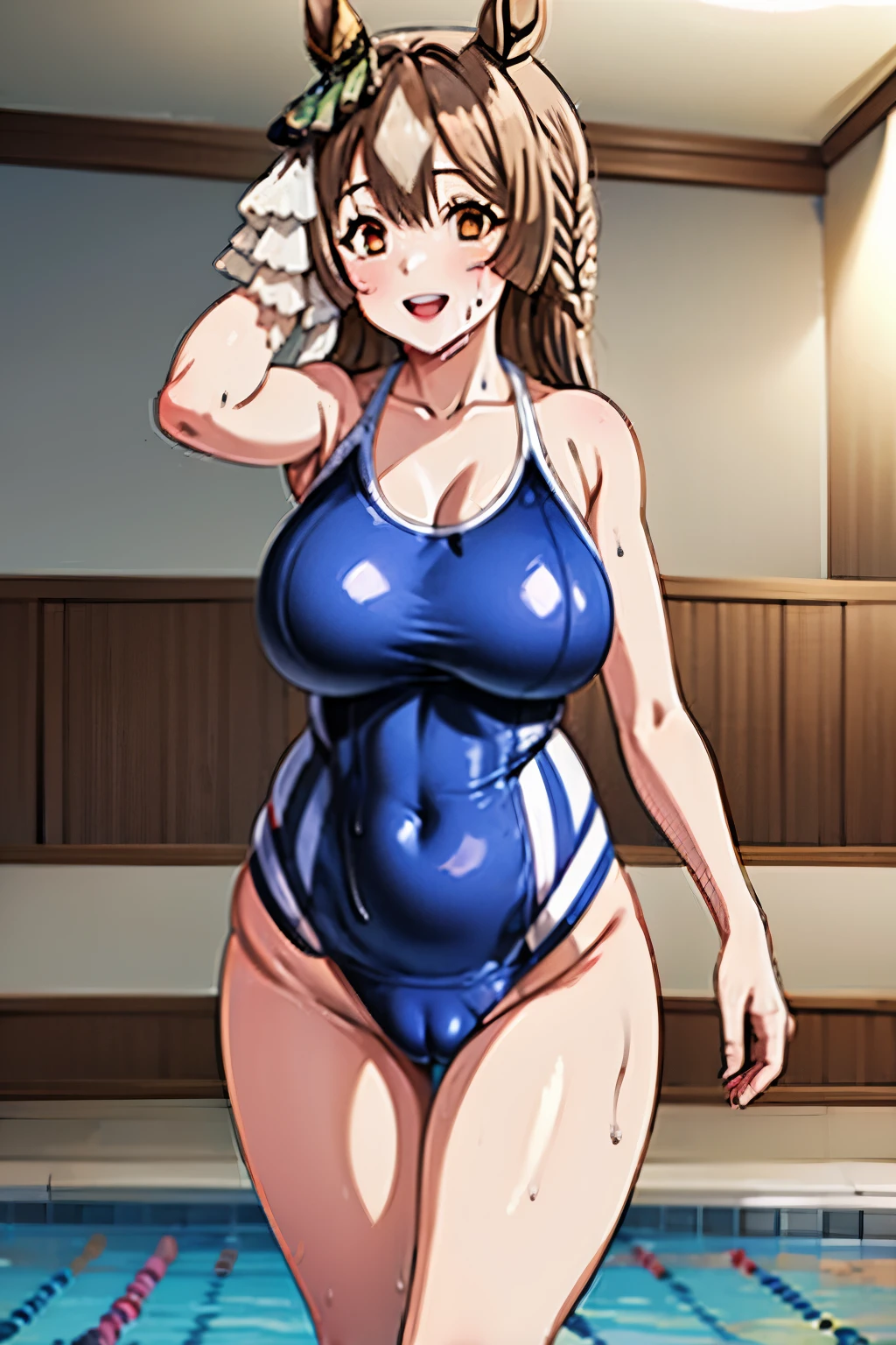 masterpiece, best quality, highres, photoreaslistic, detailed face,perfect anatomy, 1girl,solo,Suntanned Girl, indoor pool,swimming school pool,poolside standing, 25yo,japanese idol,cute makeup, navy blue one-piece race swimsuit, ((Cribetch cutout swimsuit:-1)), cameltoe,cameltoe,cameltoe,cameltoe, wide hip,(gigantic breasts),slender,slim waist,curvy,About the height of a , big hip,big thigh,thigh gap,abs, very short light brown hair,(white swimming cap,) enjoy smile, from front ,looking viewer, pussy level shot, break, (gigantic breasts),skindantation, very wide shot,wet body,full body, detailed japanese face girls,wet hair,