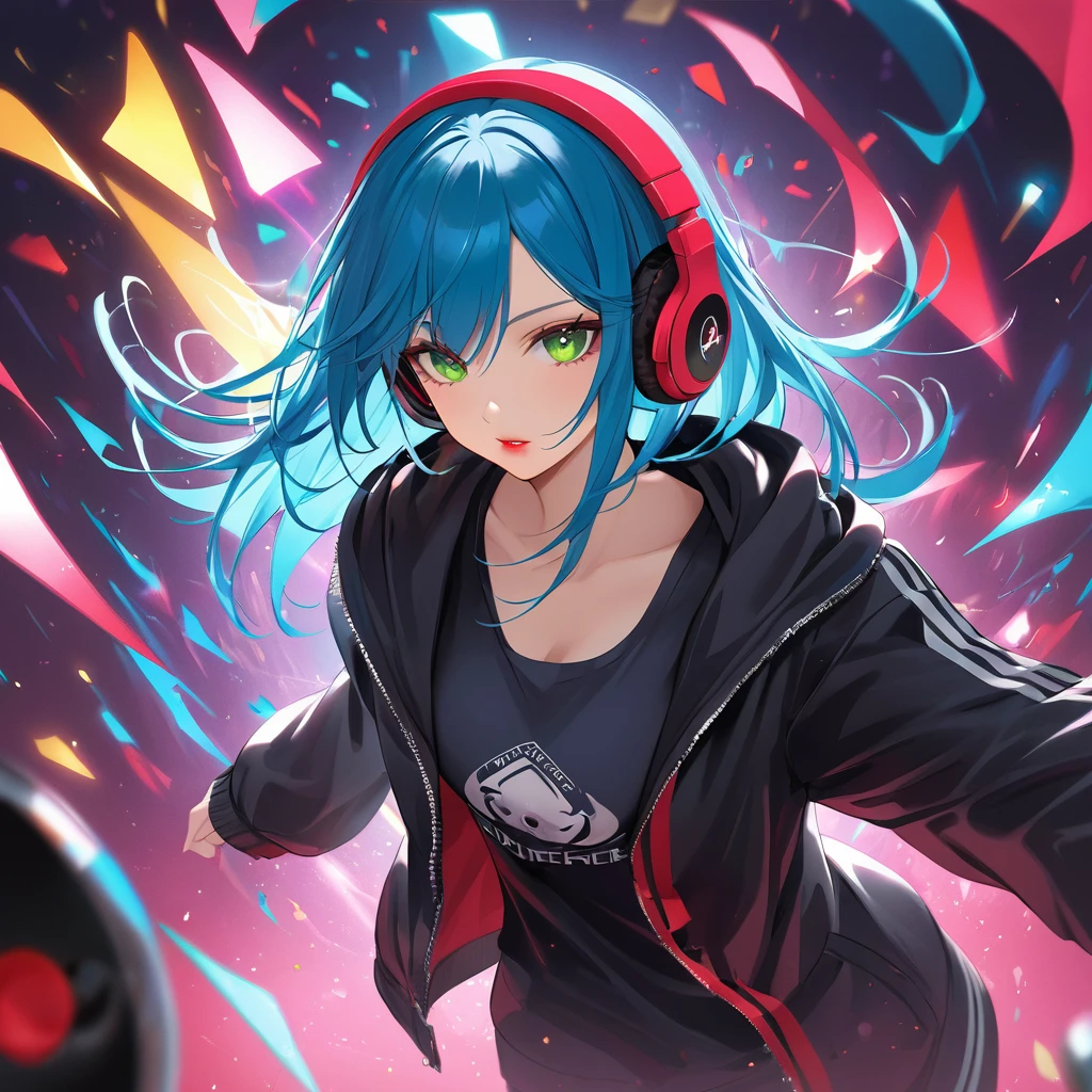 A young and very sexy and beautiful adult woman with large green eyes, long Blue hair. Impeccably make up with red lipstick, dark eyeshadow accentuating her bright eyes. She's dressed in an open jacket that's slightly oversized, wearing a top covering her ample bosom. Sporting large, colorful headphones, she giving a side look tô the camera. She is floating in another chaotic dimension, with red and Black shapes and lights. 