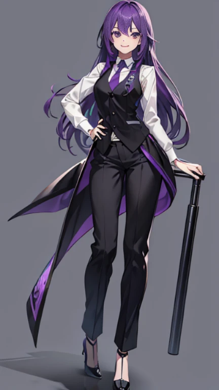 purple,long hair,woman,bartender,black vest,shirt,tie,pants,high heels,all,simple background,smile,whole body,full body,full body,Standing picture,vtuber,upright,,I'm looking forward to,body turns forward