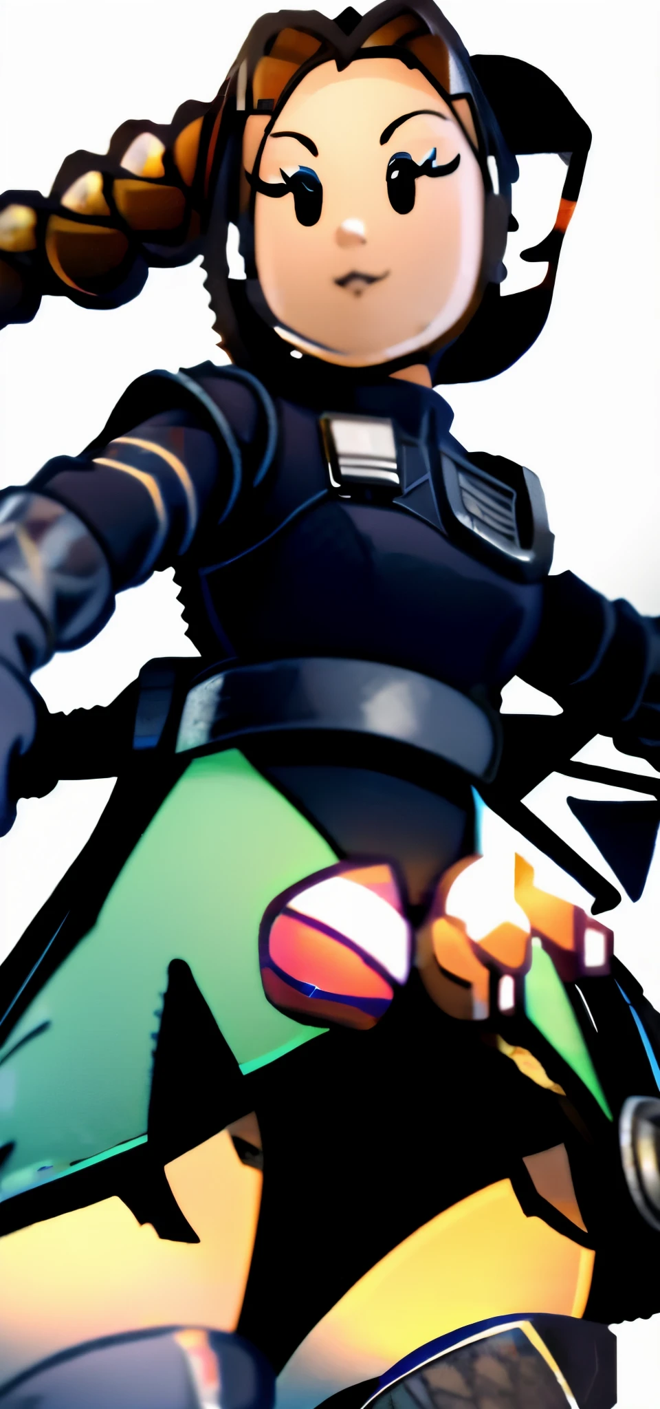 (8k, RAW photo, best quality, masterpiece:1.2),ultra-detailed, (high detailed skin:1.2), 8k uhd, dslr, soft lighting, high quality,  1girl, brown eyes, fennec shand, hair_ornament, single braid, solo, scar on face, uniform, boots, gloves, sitting, looking at viewer simple background, full body, 
black eyes, solid oval eyes, outline