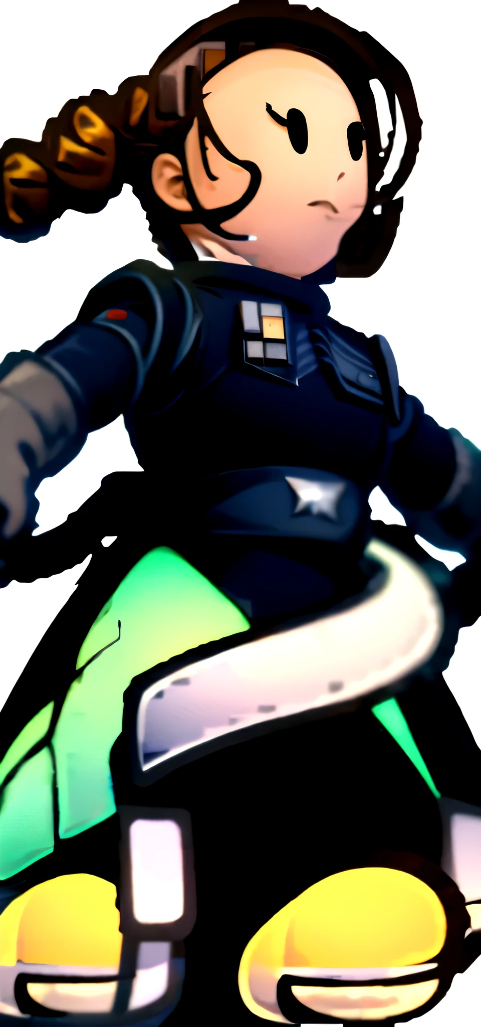 (8k, RAW photo, best quality, masterpiece:1.2),ultra-detailed, (high detailed skin:1.2), 8k uhd, dslr, soft lighting, high quality, 1girl, brown eyes, fennec shand, hair_ornament, single braid, solo, scar on face, uniform, boots, gloves, sitting, looking at viewer simple background, full body,
black eyes, solid oval eyes, outline