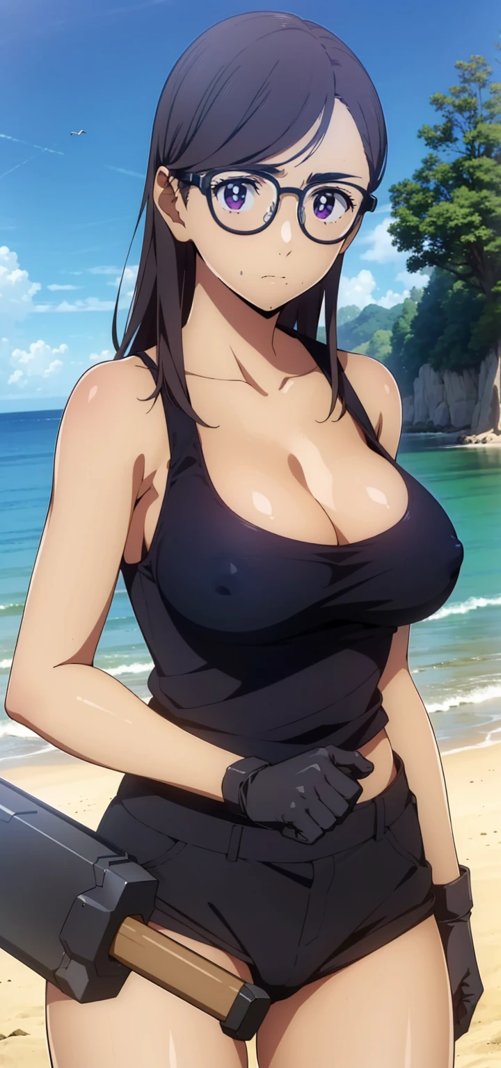 (masterpiece、highest quality)、 (that'realistic:1.4), ((debris flies:1.4, highest quality)), ((debris flies, highest quality)), (realistic pictures:1.4)、 (超High resolution:1.2), High resolution、完璧なmasterpiece, highest quality, thatに慣れる , soft dim lighting, addition_thatに慣れる, good lighting、very thatに慣れる、very thatに慣れるCGユニティ8Kでの壁紙、An illustration、((美しくthatに慣れるな顔))、( ((Super thatに慣れる )))、High resolutionAn illustration、side lighting、((An illustrationベスト))、High resolutionの目、perfect lighting、(very thatに慣れる CG:1.2)、(:1), (((masterpiece))), (1 girl)、(1 person)、focus only、shiny skin、((((wilderness、sand smoke、In combat、Holding a big hammer in both hands、))))、(((Tank top)))、(((Tank top、NSFW、cowboy shot)))、 lady、mature woman、anime、（（（disgusted look）））、Brown 、、