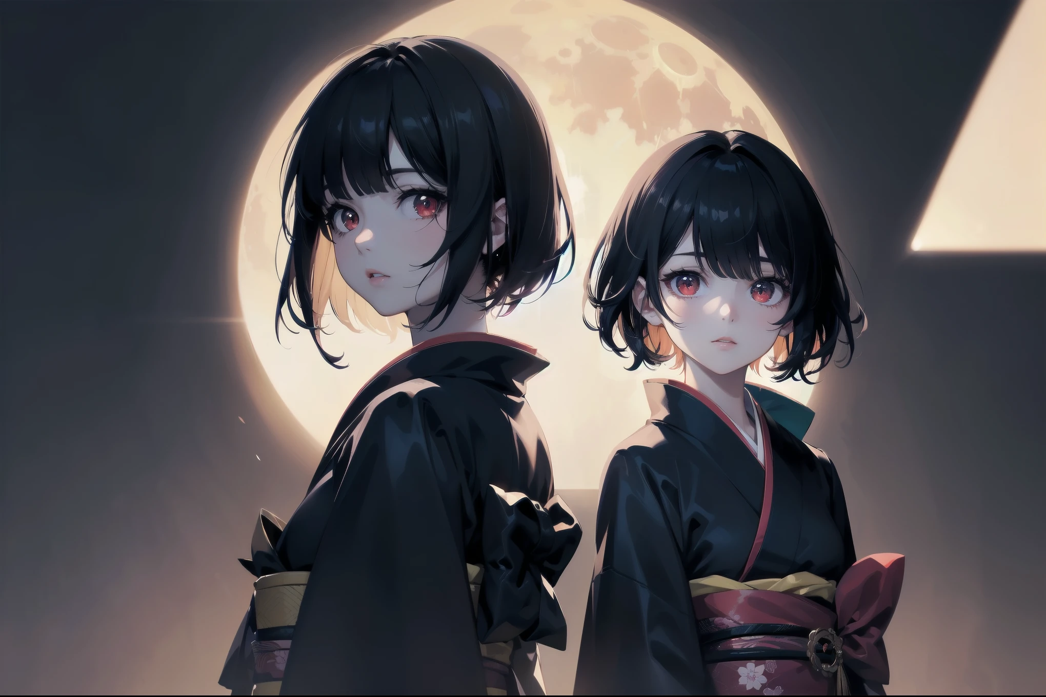 Dynamic angle, Perspective, (Backlight, Dark:1.5), Illustration, Top quality, Masterpiece, High resolution, Very delicate and beautiful, Very detailed wallpaper, Original, 1girl, Lolita, White skin, Short hair, Dark hair, Dull fringe, Fine eyes, Red eyes, (Black kimono:1.2), Japanese, Moon beauty, Cute

