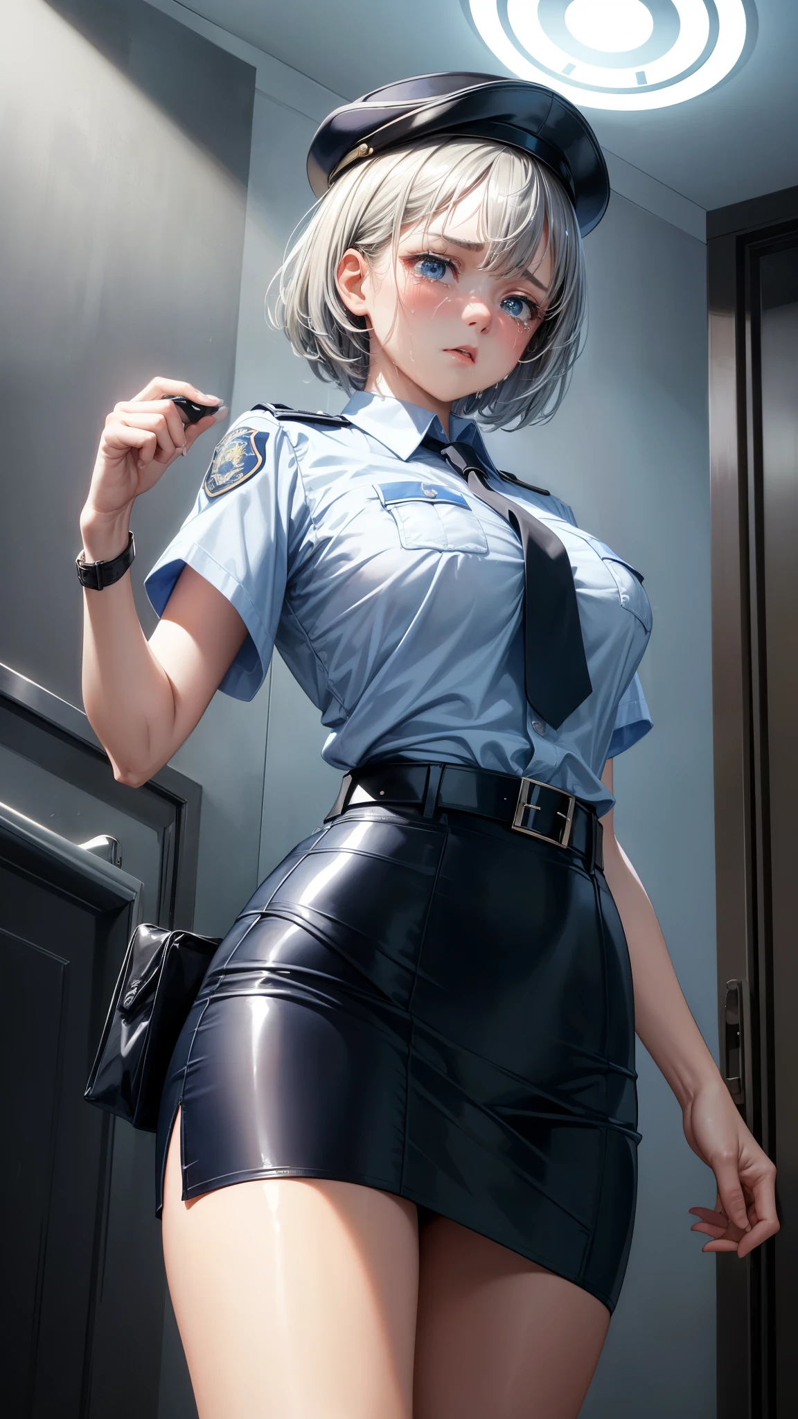 young girl, short gray hair, high ponytail, gray eyes, Blue Battle Shirt, Upskirt, robot behind, arma, Masterpiece, hiquality, 4k, HD, Good detail
