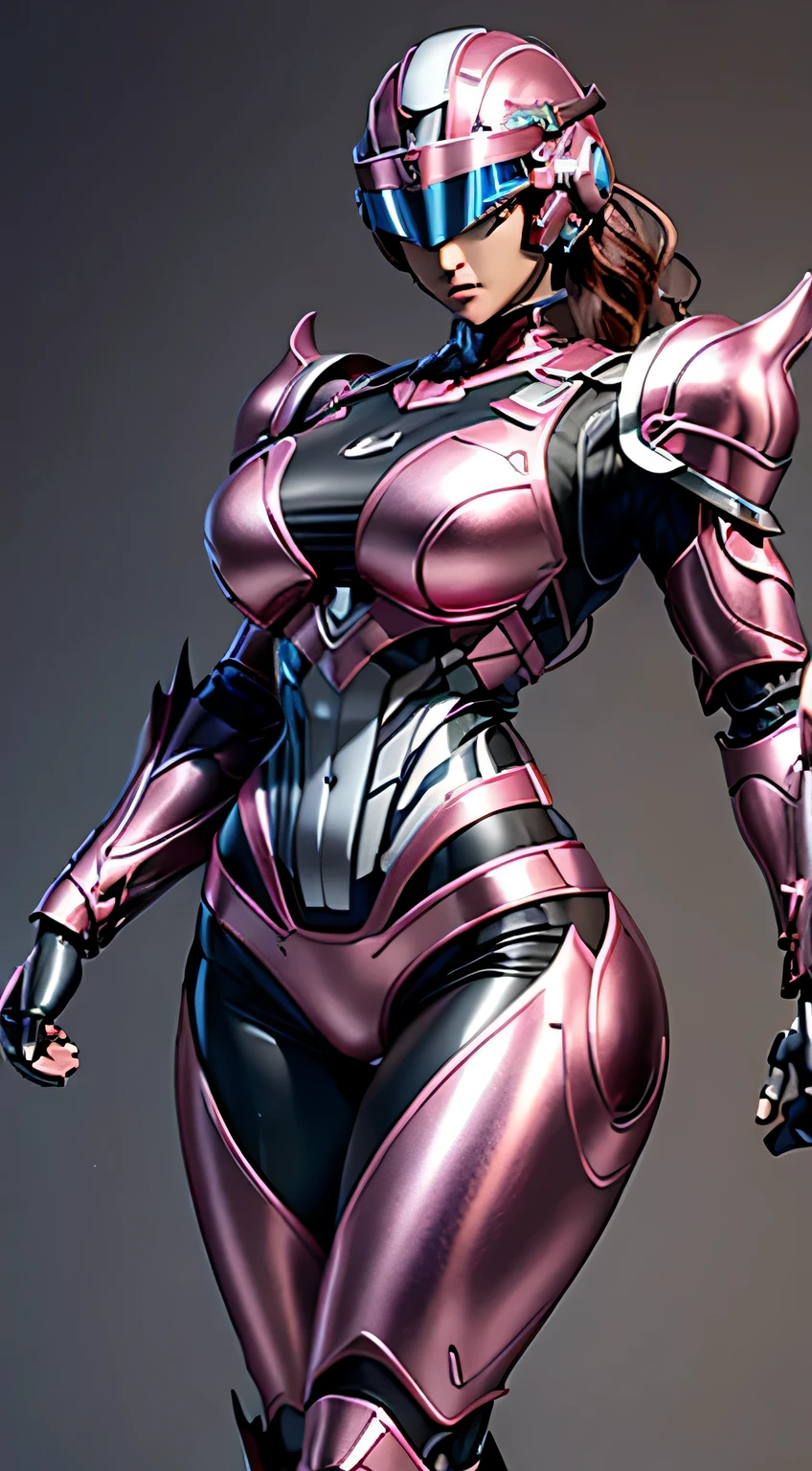 female robocop solo、bright outdoors、strong light source、8K, high quality, masterpiece, 最high quality、very detailed、Armor that completely covers the whole body、very large armor、Helmet covering the head、clear pictures、Eyes hidden by thin straight goggles:1.3、The lower half of the face is raw:1.5、The lower half of the face is exposed、luscious lips、Dark pink and white metallic armor、Armor that completely covers the chest、thin and long legs、Vibrant posel body view,big and full breasts:1.5, (sports body:1.5)、five fingers、photos around town