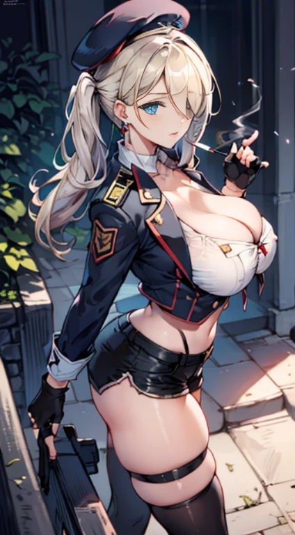  19 years old, (milf:0.8), (solo:1.5), (sfw:1.25), sexy breast, beautiful breasts, (medium tits:0.8), thin waist, big ass:1.0, Raised sexy, (black beret,black military jacket, open clothes, cleavage, midriff, black shorts, black thighhighs, thigh strap, fingerless gloves, single glove:1.2), blue eyes, light smile, big , Revimpling fabric, earrings, Hand gloves, detailed face,(hold a cigarette:1.1),long hair,side ponytail,hair between eyes,bangs,detailed and beautiful eyes,beautiful detailed lips,Rolling her eyes,manner,hair over one eye, (ultra high resolution, 8K RAW photo, photo realistics, thin outline:1.3, clear focus), best qualtiy, natural lighting, textile shading, field depth, (Bright pupils, fine detailed beautiful eyes with highlight:1.3, high detailed face), Red lip, fine realistic skins:1.1, looking down viewers:1.3, (dynamic angle:1.3, front view:1.1, breast focus:1.3, from above:1.2), (dynamic posing:1.5, sexy posing:1.2),Youghal, side lock, hair ornaments,nice,garden background,artistic rendering,Super detailed,(highest quality,4k,8K,High resolution,masterpiece:1.2),Bright colors,studio lighting ,at military base in usa
