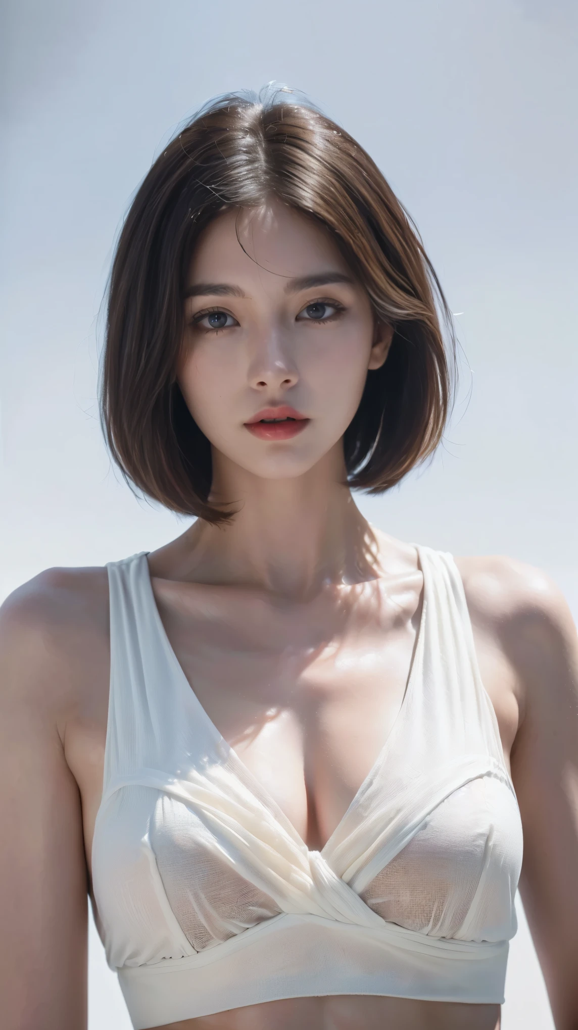 ((Best quality, 8k, Masterpiece, ultra detailed, ultra high res, photorealistic, raw photo, absurdres, absolutely resolution:1.5)), pretty woman, 1girl, slender abs :1.5, dark brown hair, bob cut, large breasts, (see through white blouse), ultra-detailed face, highly detailed lips, detailed eyes, double eyelid