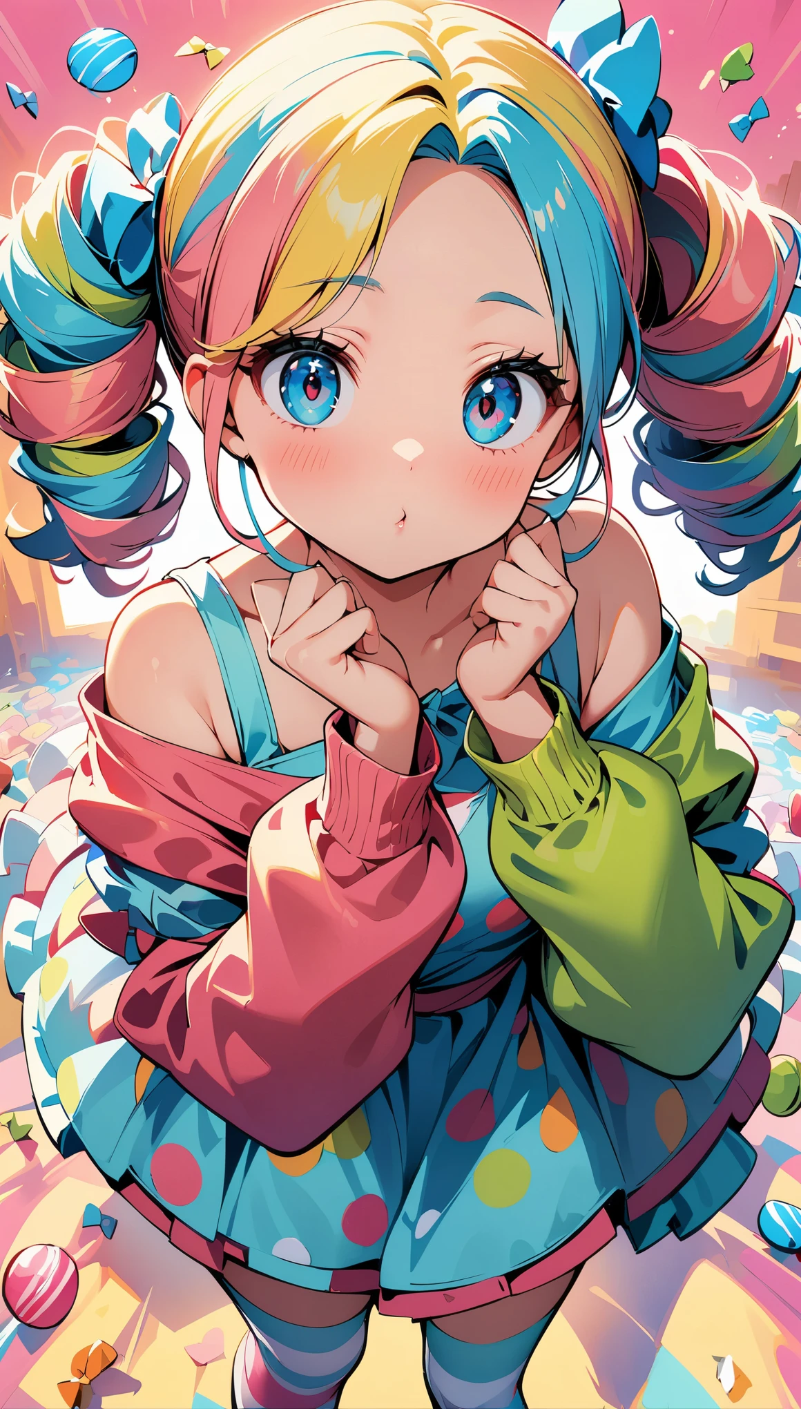 (high quality, 8k, 4k, high contrast, masterpiece:1.2, best quality, best aesthetics), (dynamic angle), Super detailed, fantasy:1.2, (young girl), (Big eyes), (small face), (high detail skin:1.2), cute face, beautiful appearance, pop art、pretty girl、フリルのドレスを着たpretty girl、colorful、big、Comic book style eye、bright colors、pastel colour、playful expression、detailed clothing, off shoulder, pinup style, puff sleeves、polka dot dress、retro hairstyles, blush、Pouting pose, bubblegum pink background, ((The background is filled with lots of candy.)), striped stockings, pop art スタイル, Whimsical, interesting, Bright style,
