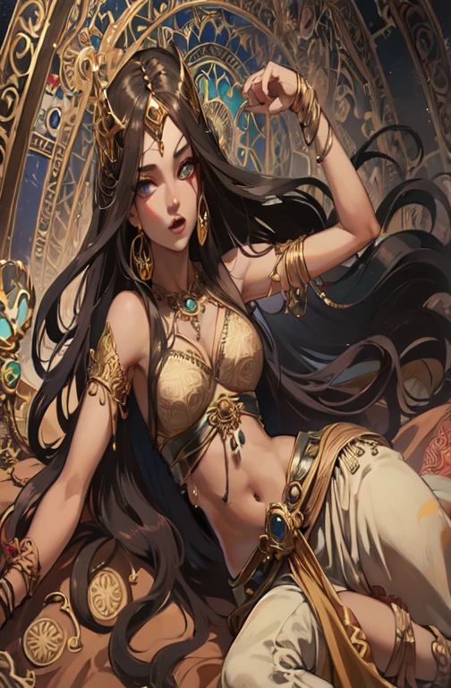 masterpiece,(bestquality),highlydetailed,ultra-detailed,light, at the palace, in a halterneck harem outfit ,gold_choker, belly_chain,necklace and veil, 1girl,,{black hair} (long whitr hair)(Lateral hair)(Shawl hair)(hair straight),(glasses),(Yellow eyes),fleshy feeling,fleshy legs,large breasts