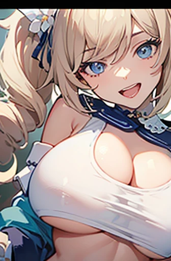 anime, style image of a woman in a crop top bikini,(white crop top:1.4),(dark blue micro skirt:1.3), undersized clothes, 1girl,barbara \(genshin impact\),smilechoker,sailor hat,hat flower,blue eyes,blonde hair,twintails,detached sleeves,bare shoulders,thigh strap, blue eyes, underboob, sideboob,revealing clothes, (big breast:1.4), pigtails, hat, ai's pose, 1girl, solo, smile, open mouth, one eye closed, pointing, microphone, (masterpiece, best quality:1), normal eye,(on a stage with stage lights focusing on the character:1.4),huge screen in the background,(masterpiece, best quality:1.4),high quality, highly detailed,detailed,perfect,(Highres), (Detailed Illustration), Ultra-Detailed, Ambient Light, Realistic Shadows, Detailed Face, (Detailed Hair:1.2), Reflections, Detailed Face, (Detailed Hair:1.2), (Hyper-Detailed Eyes:1.4), (Detailed Eyes:1.6)
