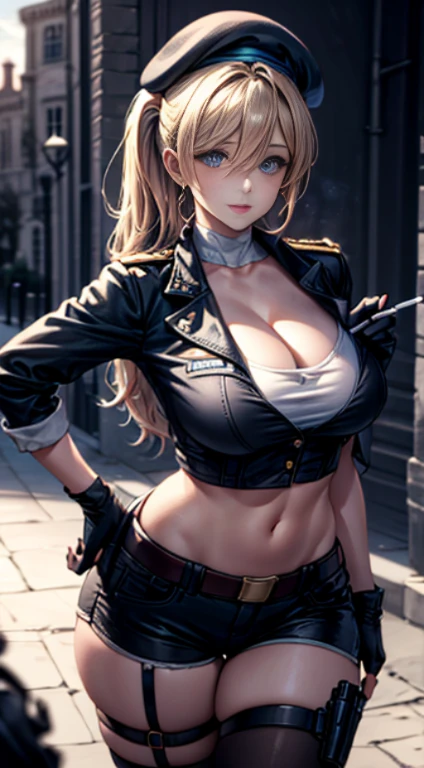  19 years old, (milf:0.8), (solo:1.5), (sfw:1.25), sexy breast, beautiful breasts, (medium tits:0.5), thin waist, big ass:1.0, Raised sexy, (black beret,black military jacket, open clothes, cleavage, midriff, black shorts, black thighhighs, thigh strap, fingerless gloves, single glove:1.2), blue eyes, light smile, big , Revimpling fabric, earrings, Hand gloves, detailed face,(hold a cigarette:1.1),long hair,side ponytail,hair between eyes,bangs,detailed and beautiful eyes,beautiful detailed lips,Rolling her eyes,manner,hair over one eye, (ultra high resolution, 8K RAW photo, photo realistics, thin outline:1.3, clear focus), best qualtiy, natural lighting, textile shading, field depth, (Bright pupils, fine detailed beautiful eyes with highlight:1.3, high detailed face), Red lip, fine realistic skins:1.1, looking down viewers:1.3, (dynamic angle:1.3, front view:1.1, breast focus:1.3, from above:1.2), (dynamic posing:1.5, sexy posing:1.2),Youghal, side lock, hair ornaments,nice,garden background,artistic rendering,Super detailed,(highest quality,4k,8K,High resolution,masterpiece:1.2),Bright colors,studio lighting ,at military base in usa
