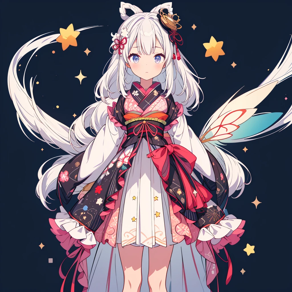 highest quality、８K,handsome face、vtuber-halfbody、A picture of the front straight towards the viewer、Star Fairy、Full body front portrait、front、1girl,highest quality、masterpiece、official art、Super detailed、super beautiful、Cute Star Fairy、white hair straight short、Milky Way、universe、star charm、star、baby face、Knee-high boots、Japanese pattern dress、A beautiful girl wearing black and white clothes that are a remake of a yukata.、Oiran frill dress reminiscent of universe、Colorful portraits