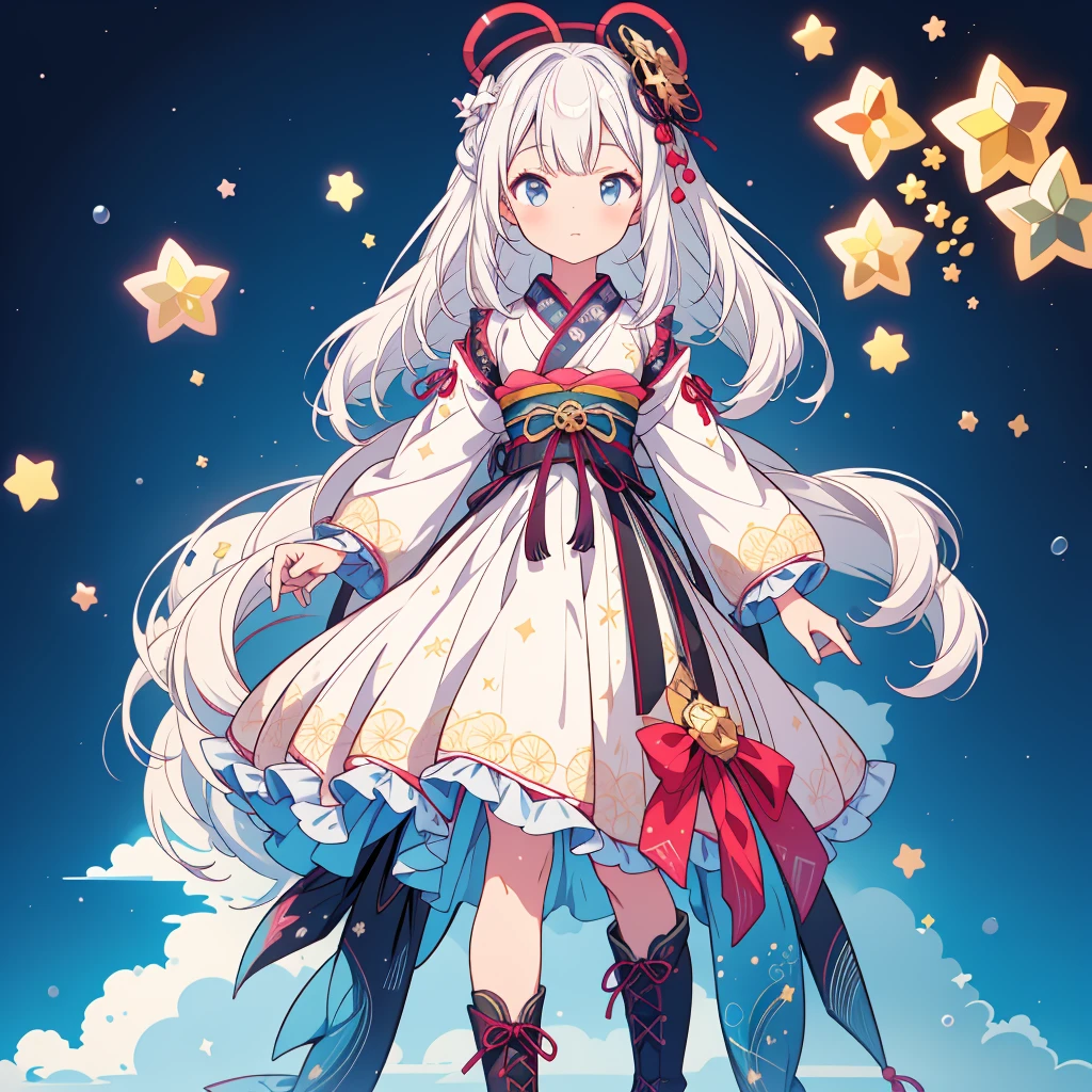 highest quality、８K,handsome face、vtuber-halfbody、A picture of the front straight towards the viewer、Star Fairy、Full body front portrait、front、1girl,highest quality、masterpiece、official art、Super detailed、super beautiful、Cute Star Fairy、white hair straight short、Milky Way、universe、star charm、star、、Knee-high boots、Japanese pattern dress、A beautiful girl wearing black and white clothes that are a remake of a yukata.、Oiran frill dress reminiscent of universe、Colorful portraits