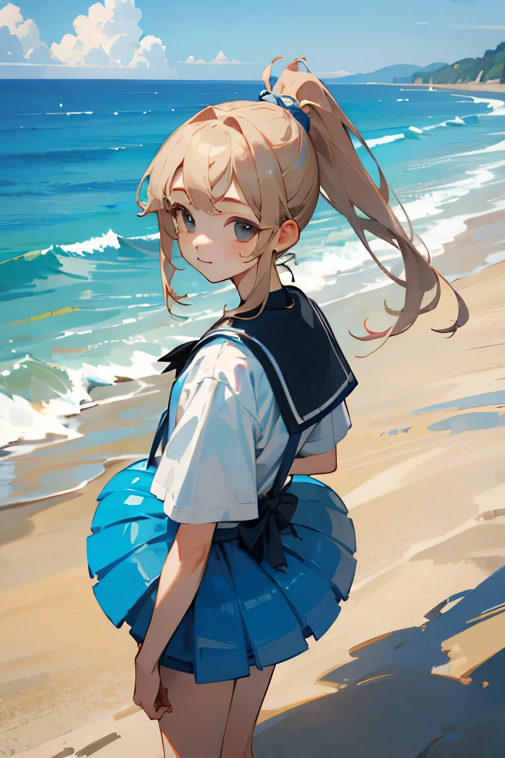 ((highest quality)), ((masterpiece)), (be familiar with), perfect face、high school girl、fine、Ocean、Summer clothes ponytail