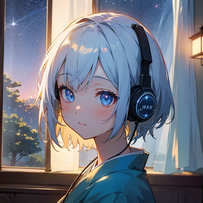 Beautiful girl listening to music with headphones in a room at midnight、warm lighting、The starry sky outside the window、short hair、Brightly colored eyes、Japanese anime style