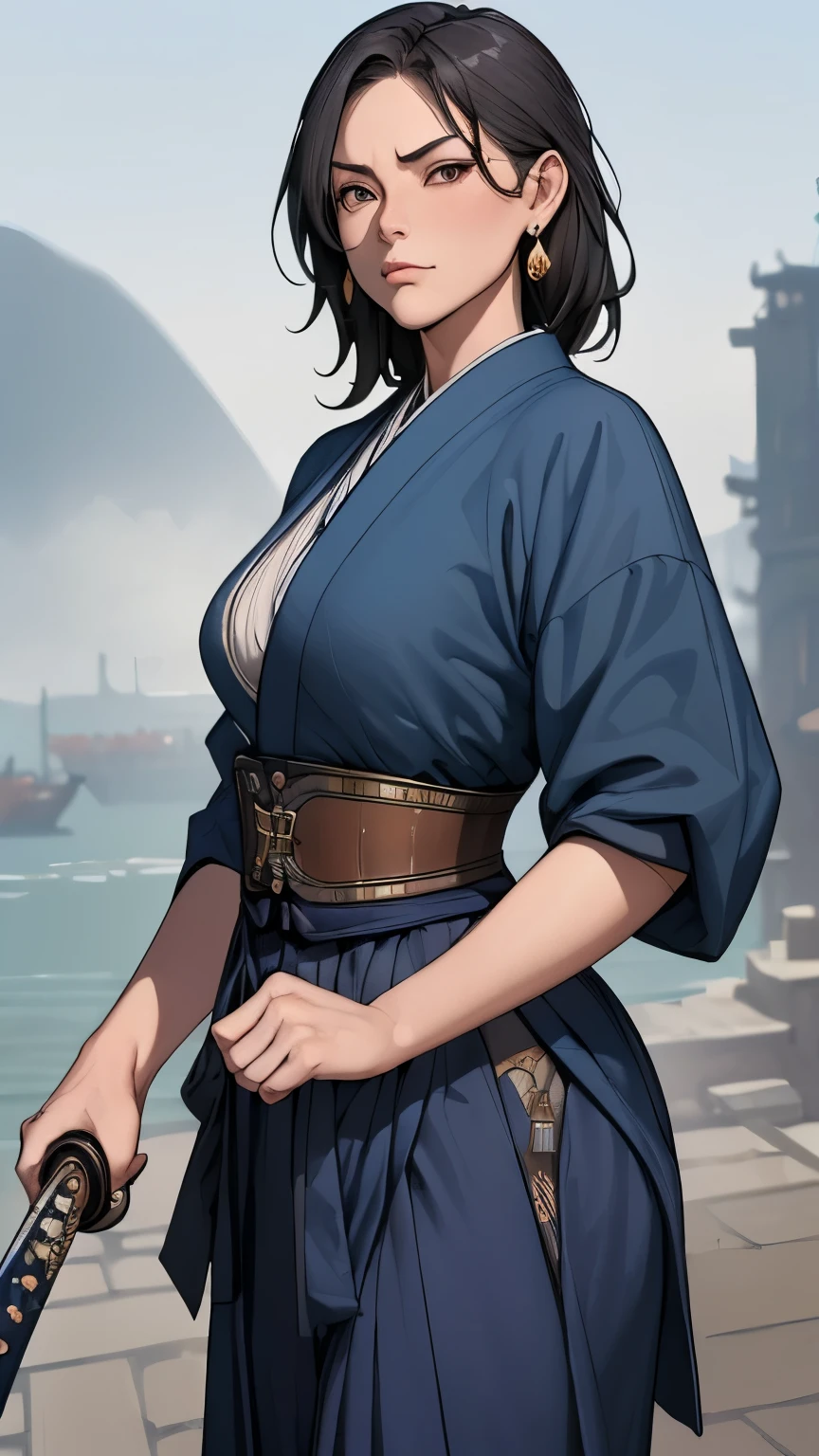 (masterpiece:1.3), (disorganized:1.3), (highest quality:1.3),(perfect anatomy),(detailed face),(Steam Punk), (Victorian era),Hong kong,(Kowloon),horizontal angle,hands,((looking at viewer)), (Super detailed:1.3),(best shadow:0.7), solo,1 middle age woman around 50 years old,Samurai lady,saggy breast,(treated hair),fine eyes, beautiful eyes, 1 mature woman, ((saggy small breast)),alone, standing, crystal earrings,closed_mouth, arm_behind_return,Blue Hakama,carring a samurai sword,rest outdoors, intimidating pose,cowboy shot