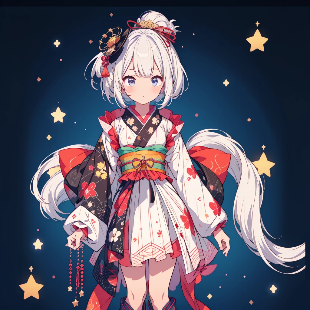 highest quality、８K,handsome face、vtuber-halfbody、A picture of the front straight towards the viewer、Star Fairy、Full body front portrait、front、1girl,highest quality、masterpiece、official art、Super detailed、super beautiful、Cute Star Fairy、white hair straight short、Milky Way、universe、star charm、star、、Knee-high boots、Japanese pattern dress、A beautiful girl wearing black and white clothes that are a remake of a yukata.、Oiran frill dress reminiscent of universe、Colorful portraits