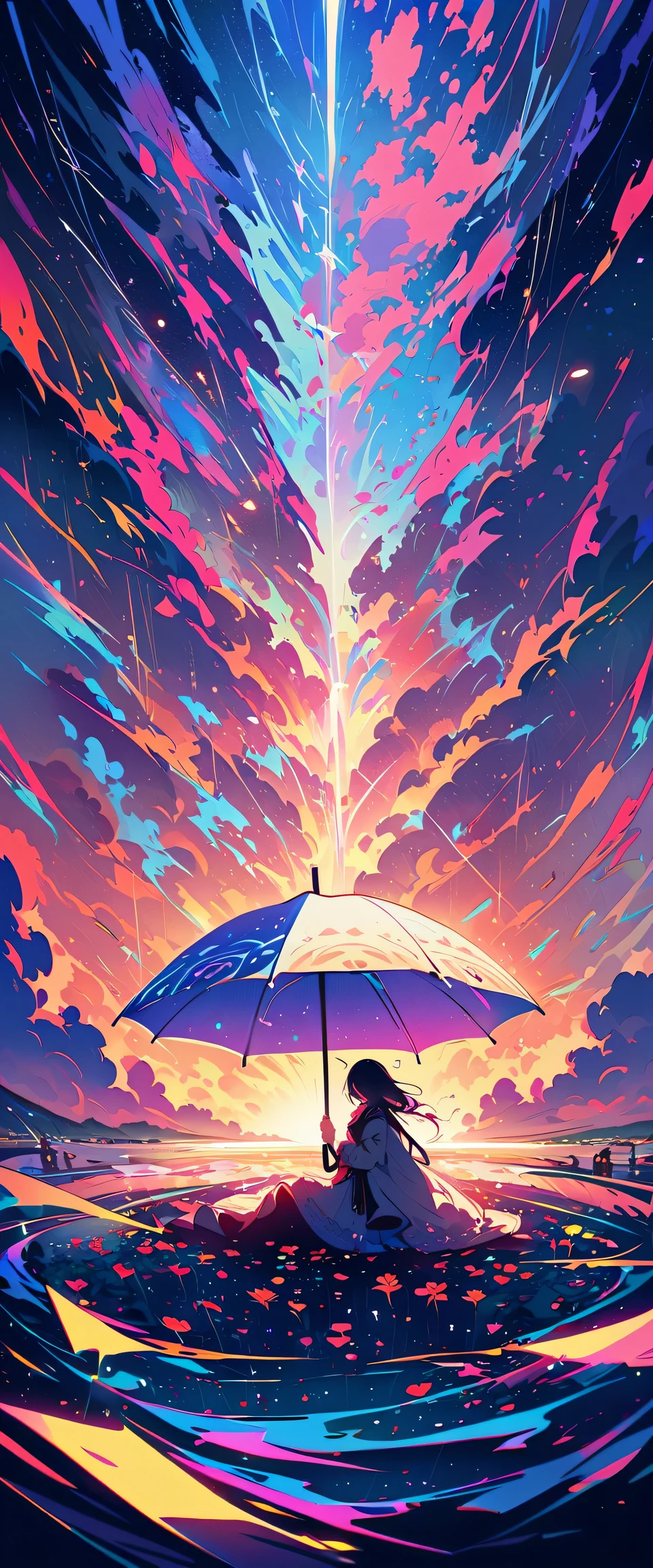 The rendering of the upside-down art station,The sky is below,Ground on top,high resolution,4K,high dynamic range,ultra wide angle lens,Girl walking in the pouring rain,The umbrella is like an upside-down sailboat,land full of roses,A dramatic contrast between light and shadow,Dynamic rain belt,Artistic Composition,Surreal dream,Evoke emotions and stories,Art Style,subtle color palette,Soft and diffuse light,Downpour of emotions.