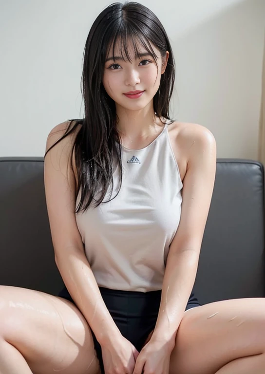 face live action, face realistic, sports, underwear, tank top, beautiful Japan woman, black eyes, double eyelids, full body slender,, mole, sitting