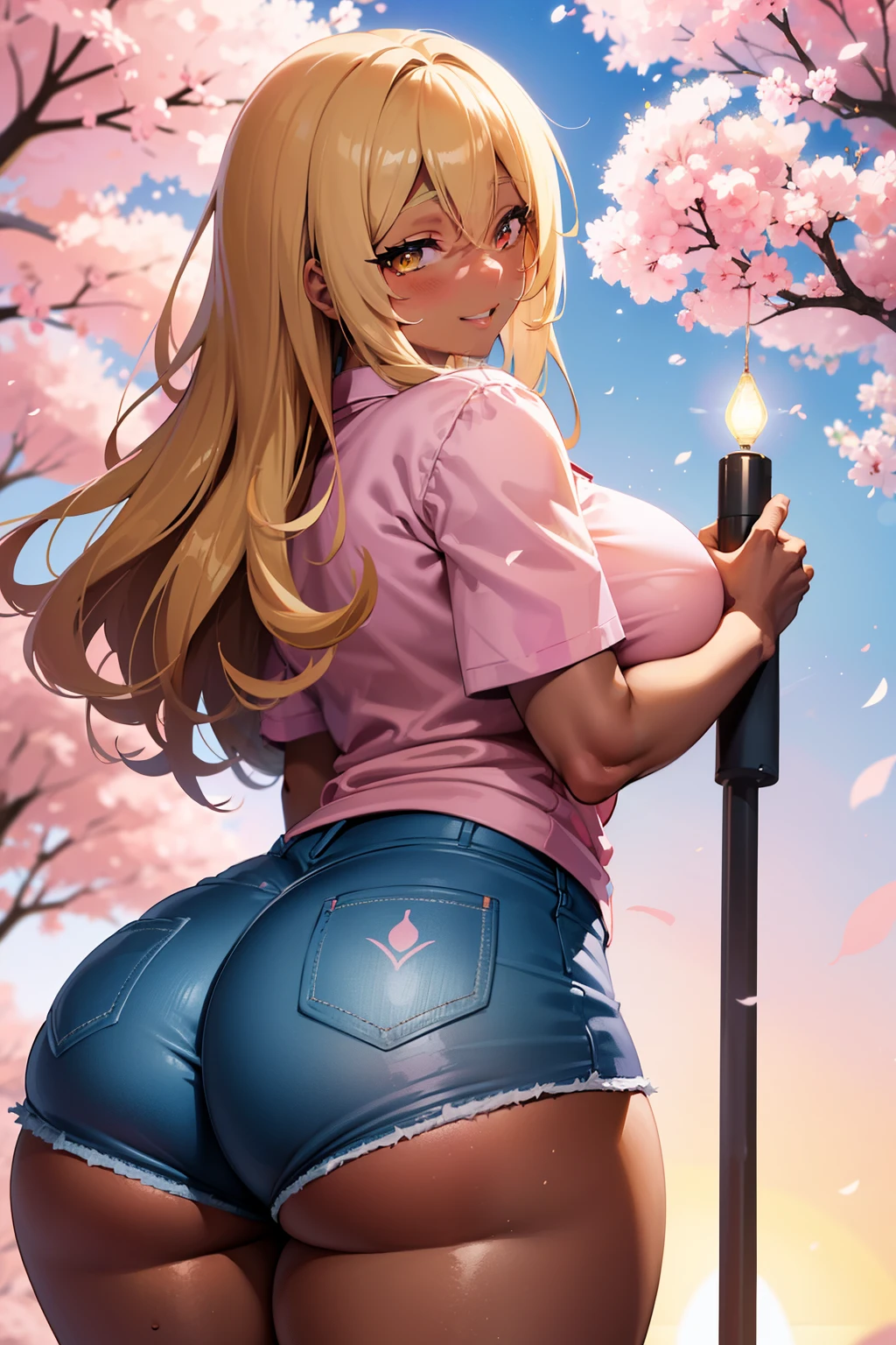 Best quality, massive breasts, massive ass, very curvy, dark brown skin, long blond hair, yellow eyes, slutty, gyaru, full lips, seductive, smiling , blond hair, gyaru, darkskin, blonde, pink shirt, light blue short pants , huge ass, darkskin, sakura trees, japan, tokio, light blue shorts, light blue short pants, pink shirt, light pink shirt, orange sky, huge ass, huge , sexy, nsfw, curvy woman, huge ass, light blue tiny pants, really tiny pants, sunset, darkskin, pink shirt, black skin, under sakura trees, cherry blossom, cherry blossoms, cherry blossom three 