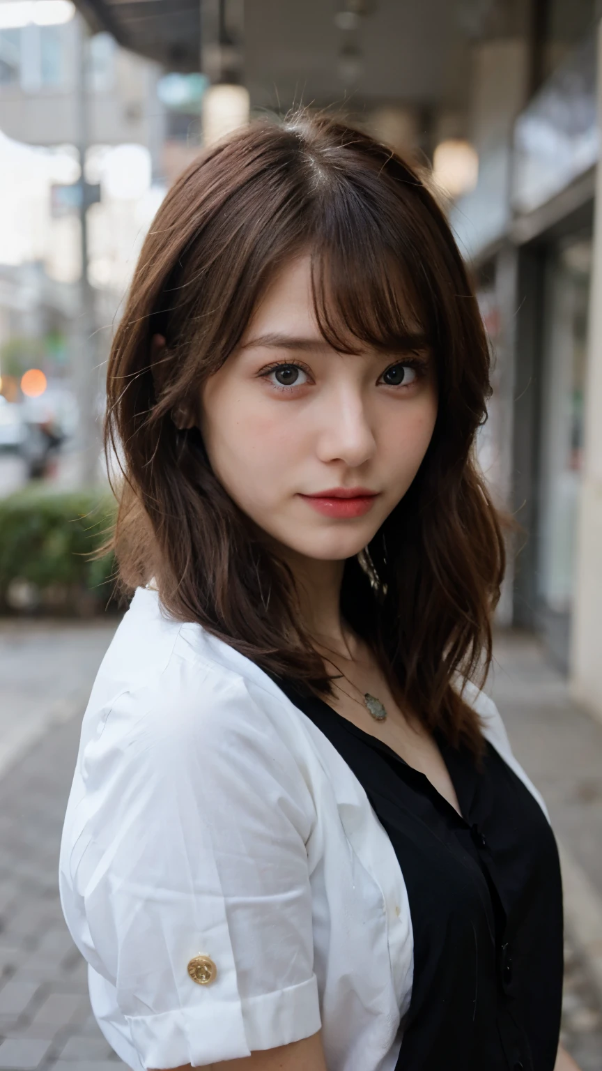 young girl, red hair, blue eyes, cheek blushing, hairbangs, short hair, ponytail, button up outfit, necklace, sexy pose, beautiful, blurry background, looking at viewer