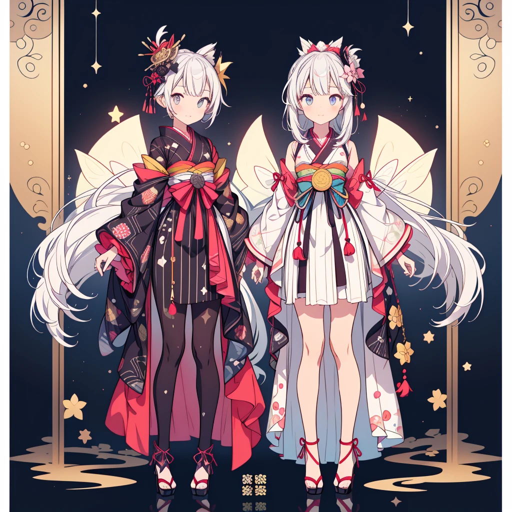 highest quality、８K,handsome face、vtuber-halfbody、A picture of the front straight towards the viewer、Star Fairy、Full body front portrait、front、1girl,highest quality、masterpiece、official art、Super detailed、super beautiful、Cute Star Fairy、white hair straight short、Milky Way、universe、star charm、star、baby face、Knee-high boots、Japanese pattern dress、A beautiful girl wearing black and white clothes that are a remake of a yukata.、Oiran frill dress reminiscent of universe、Colorful portraits