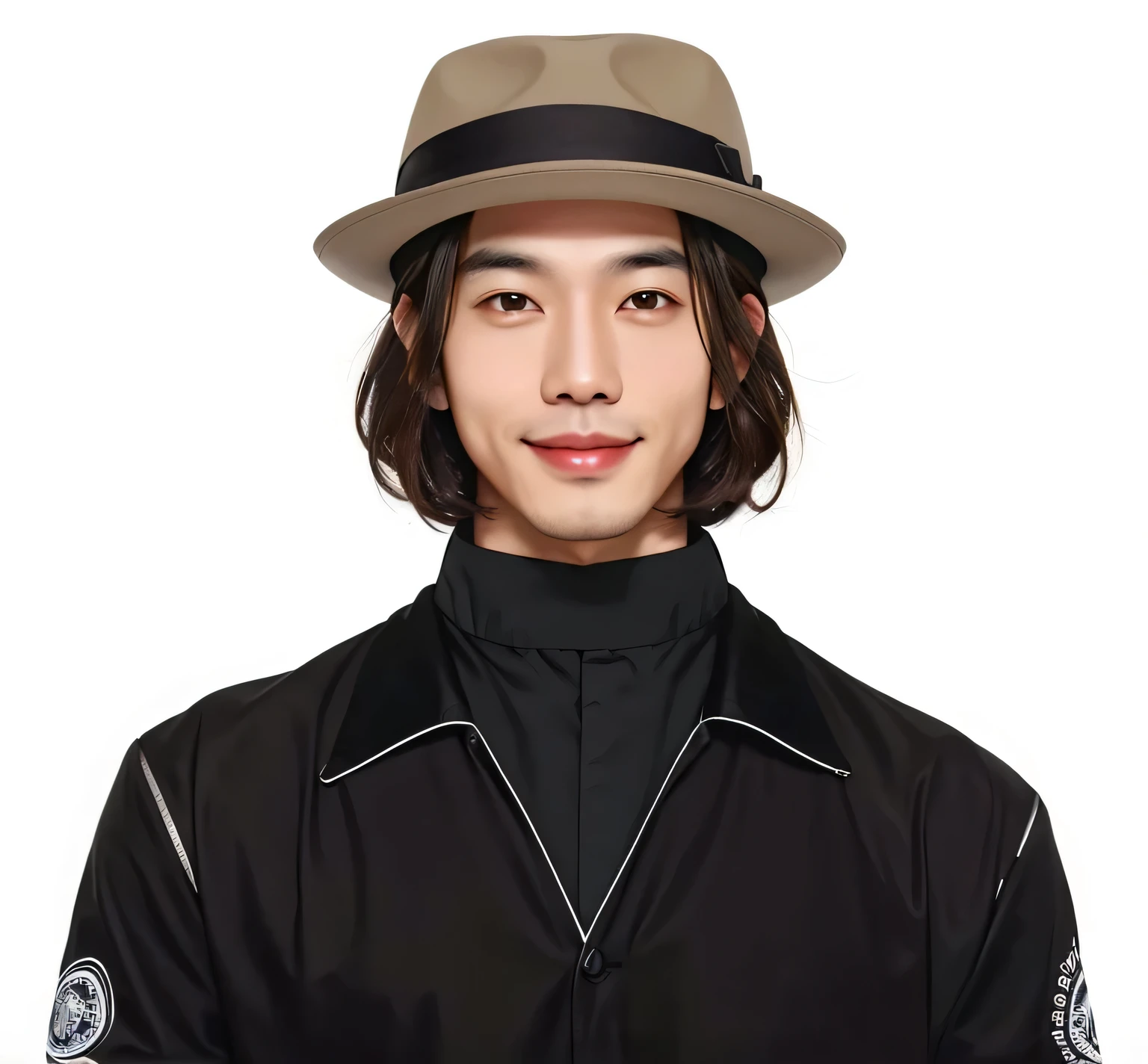 an asian man, brown hair, smirking, wearing a hat, black outfit, realistic
