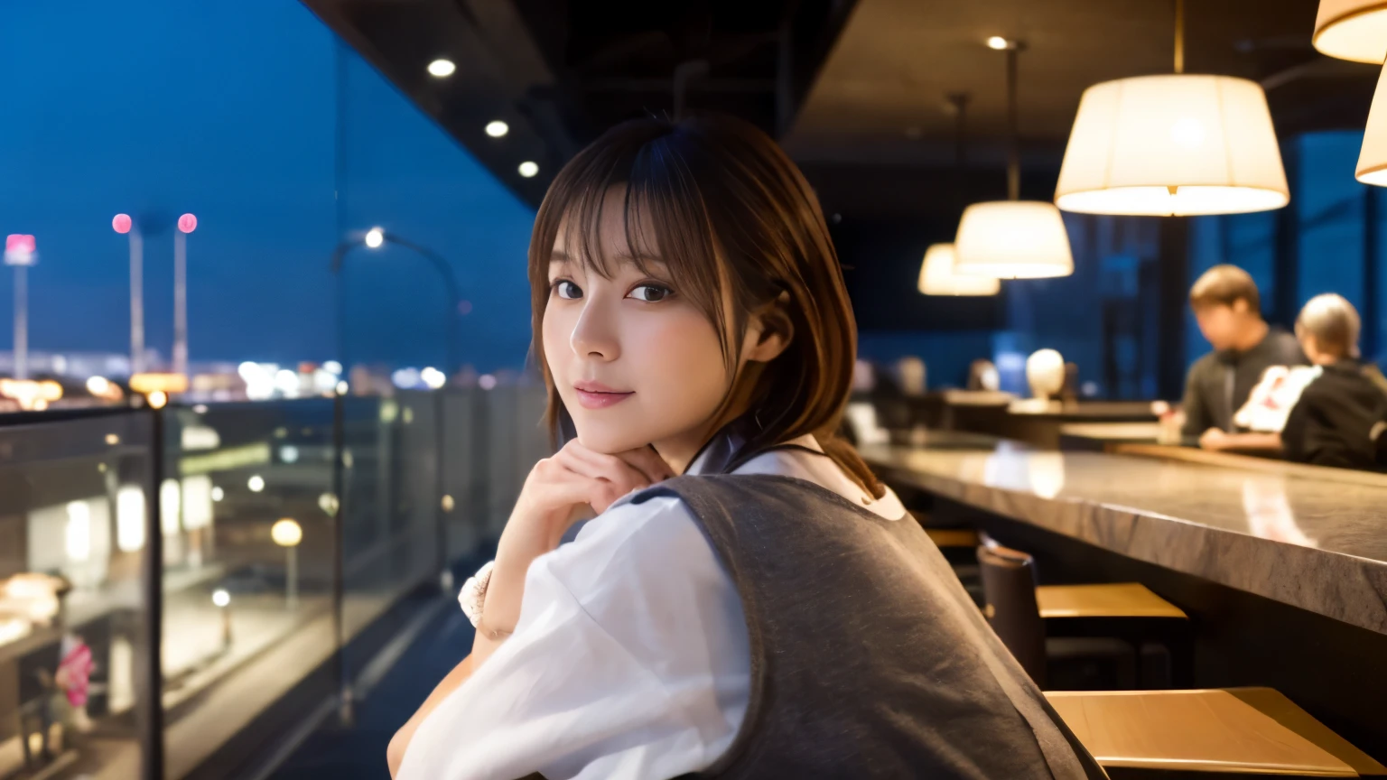 (highest quality、8K、32k、masterpiece、nffsw:1.2)、A Japanese actress waiting for her flight at an airport cafe terrace, Before leaving for overseas travel,