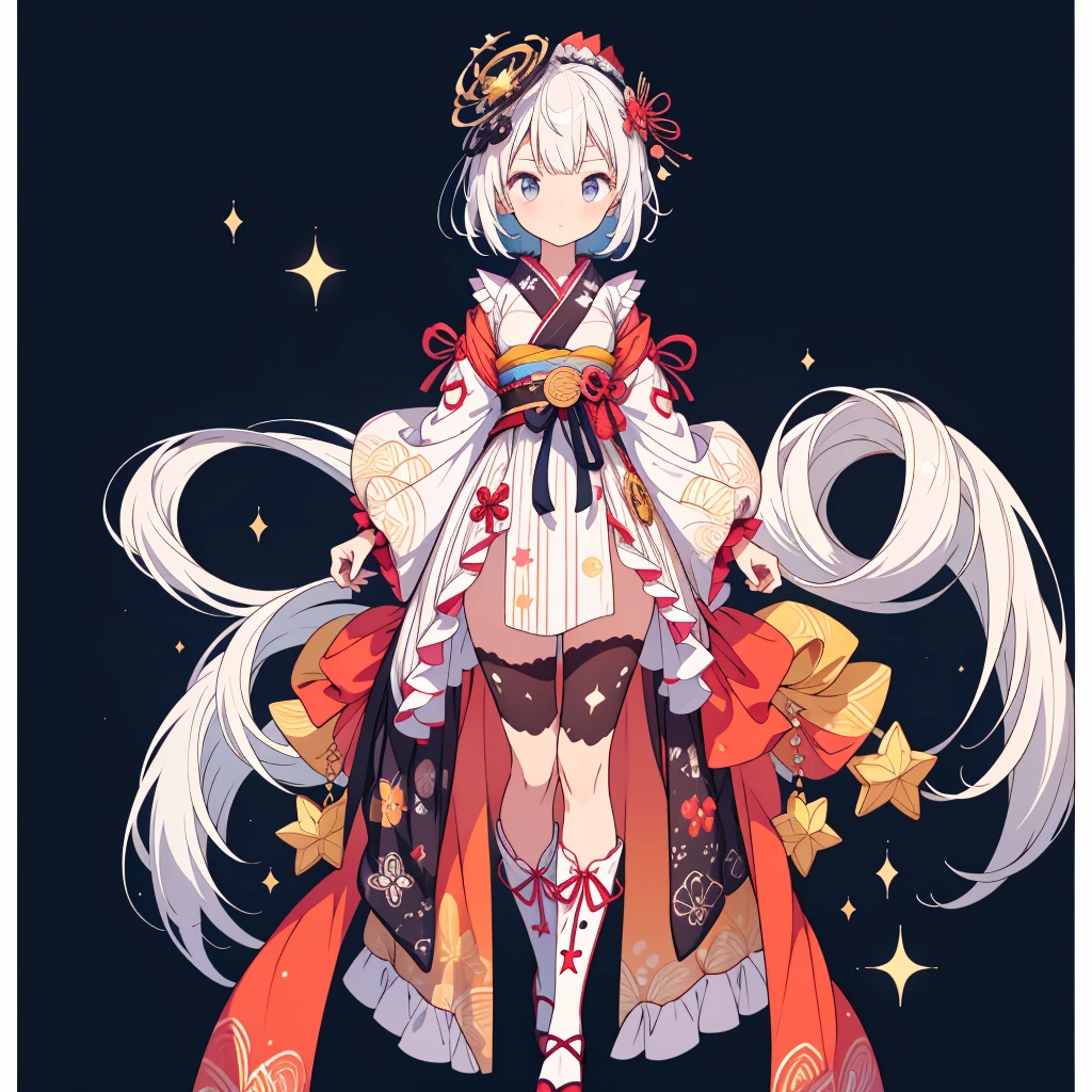 highest quality、８K,handsome face、vtuber-fullbody、A picture of the front straight towards the viewer、Star Fairy、Full body front portrait、front、1girl,highest quality、masterpiece、official art、Super detailed、super beautiful、Cute Star Fairy、white hair straight short、Milky Way、universe、star charm、star、、Knee-high boots、Japanese pattern dress、A beautiful girl wearing black and white clothes that are a remake of a yukata.、Oiran frill dress reminiscent of universe、Colorful portraits