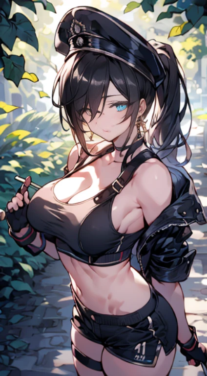  19 years old, (milf:0.8), (solo:1.5), (sfw:1.25), sexy breast, beautiful breasts, (medium tits:0.8), thin waist, big ass:1.0, Raised sexy, (black beret,black military jacket, open clothes, cleavage, midriff, black shorts, black thighhighs, thigh strap, fingerless gloves, single glove:1.2), blue eyes, light smile, big , Revimpling fabric, earrings, Hand gloves, detailed face,(hold a cigarette:1.1),long hair,side ponytail,hair between eyes,bangs,detailed and beautiful eyes,beautiful detailed lips,Rolling her eyes,manner,hair over one eye, (ultra high resolution, 8K RAW photo, photo realistics, thin outline:1.3, clear focus), best qualtiy, natural lighting, textile shading, field depth, (Bright pupils, fine detailed beautiful eyes with highlight:1.3, high detailed face), Red lip, fine realistic skins:1.1, looking down viewers:1.3, (dynamic angle:1.3, front view:1.1, breast focus:1.3, from above:1.2), (dynamic posing:1.5, sexy posing:1.2),Youghal, side lock, hair ornaments,nice,garden background,artistic rendering,Super detailed,(highest quality,4k,8K,High resolution,masterpiece:1.2),Bright colors,studio lighting ,at military base in usa
