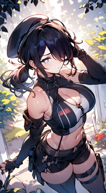  19 years old, (milf:0.8), (solo:1.5), (sfw:1.25), sexy breast, beautiful breasts, (medium tits:0.8), thin waist, big ass:1.0, Raised sexy, (black beret,black military jacket, open clothes, cleavage, midriff, black shorts, black thighhighs, thigh strap, fingerless gloves, single glove:1.2), blue eyes, light smile, big , Revimpling fabric, earrings, Hand gloves, detailed face,(hold a cigarette:1.1),long hair,side ponytail,hair between eyes,bangs,detailed and beautiful eyes,beautiful detailed lips,Rolling her eyes,manner,hair over one eye, (ultra high resolution, 8K RAW photo, photo realistics, thin outline:1.3, clear focus), best qualtiy, natural lighting, textile shading, field depth, (Bright pupils, fine detailed beautiful eyes with highlight:1.3, high detailed face), Red lip, fine realistic skins:1.1, looking down viewers:1.3, (dynamic angle:1.3, front view:1.1, breast focus:1.3, from above:1.2), (dynamic posing:1.5, sexy posing:1.2),Youghal, side lock, hair ornaments,nice,garden background,artistic rendering,Super detailed,(highest quality,4k,8K,High resolution,masterpiece:1.2),Bright colors,studio lighting ,at military base in usa
