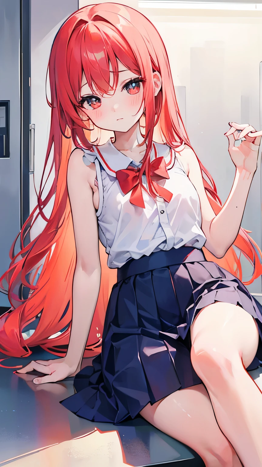 Highest quality illustrations:1.2), (kawaii girls:1.1), (1girl)、8ars old、Lolis、Gamine、A tiny、kawaii、cute little、tiny chest、ultradetailed eyes:1.2)、(Yuri、the kiss、Grabbing her waists、Eyes half closed、pervert look, eyecontact:1.erspiring、red blush:1.1)、BREAK first girl, Red stripped Bra, white hair、long straight wavy hair, BREAK camisole、school skirt, Light red and braided hair、break(Locker Room:1.2)、(evening、evening、Orange Sunlight:1.2)、 BREAK(top-quality、ultra-detailliert、highly detailed and beautiful、超A high resolution、Detailed arm:1.2)、NSFW, Beautiful pool